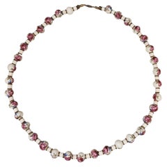 Hand-Painted Floral Porcelain Bead Necklace with Brass Spacers, 20th Century Hand-Painted Floral Porcelain Bead Necklace with Brass Spacers, 20th Century