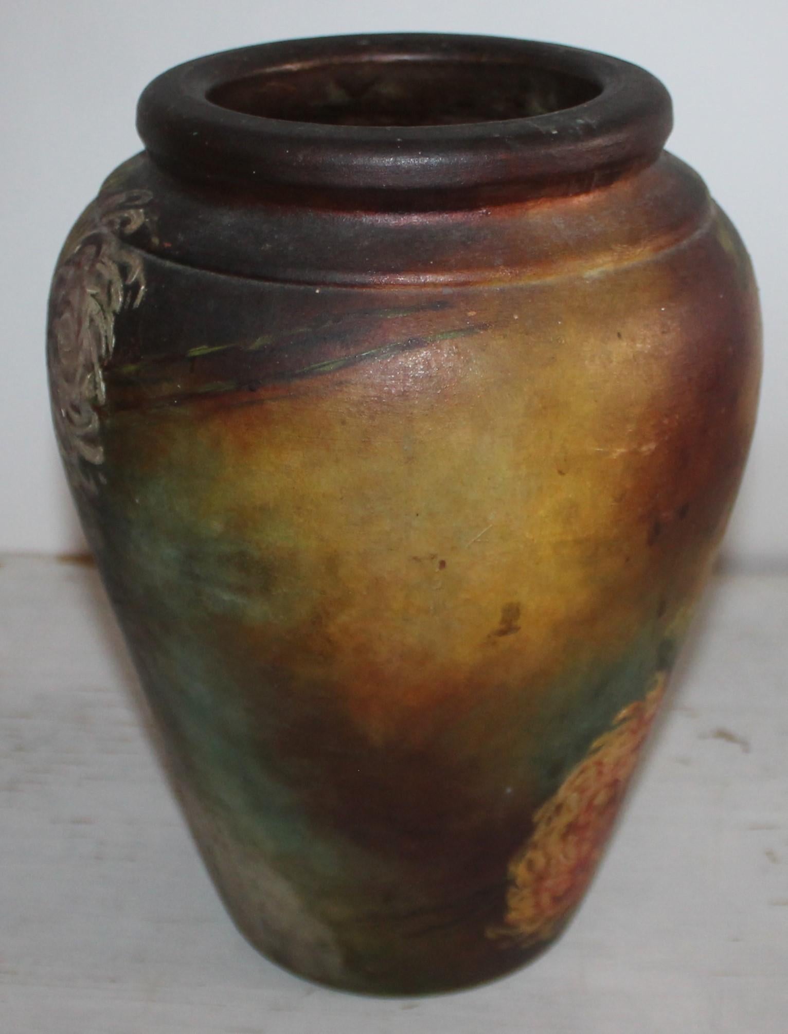 American Hand Painted Floral Pottery Bauer Vase For Sale
