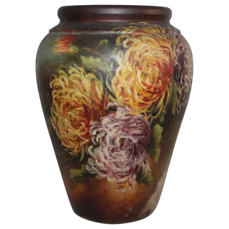 Hand Painted Floral Pottery Bauer Vase For Sale at 1stDibs