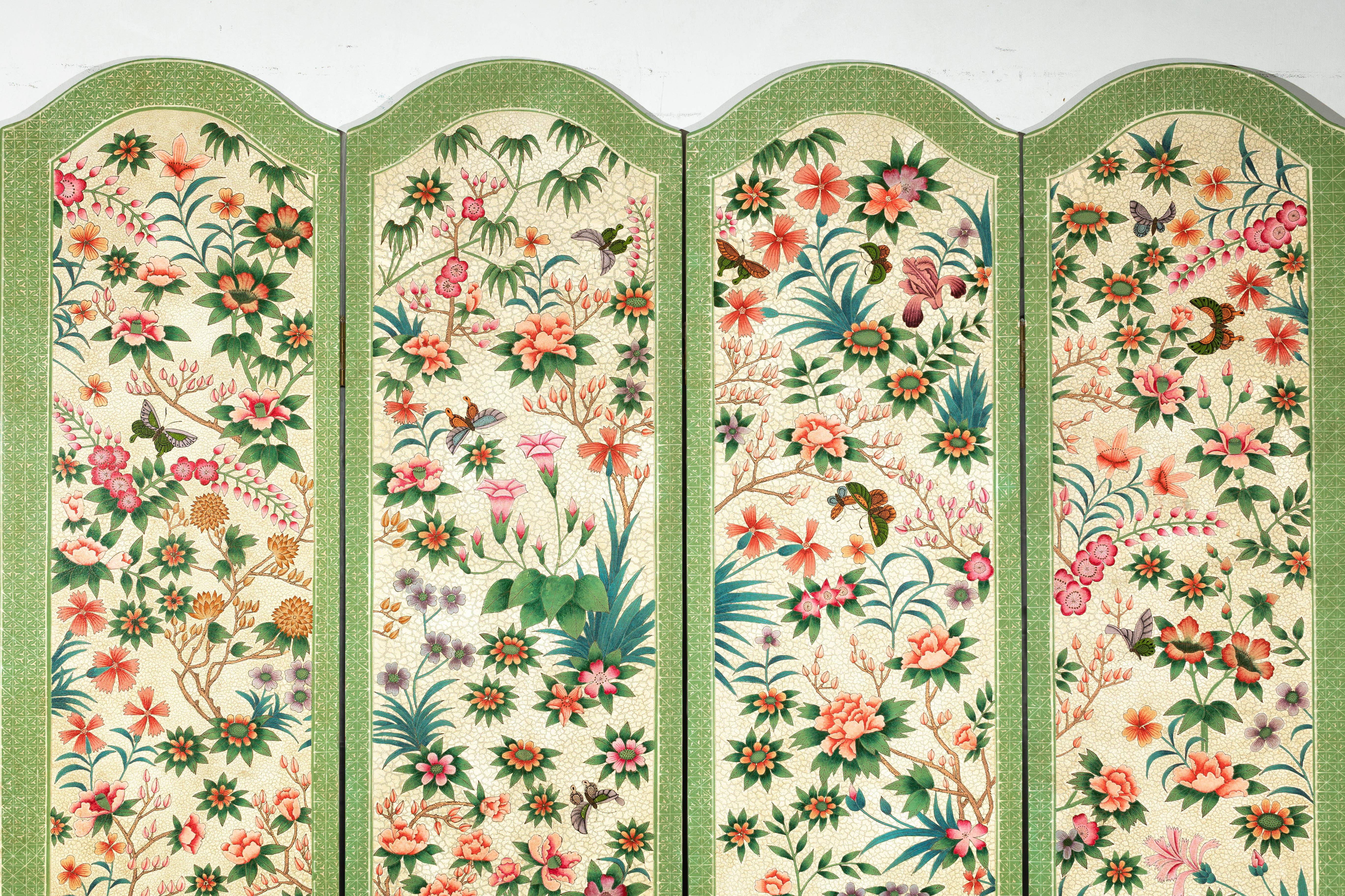 Hand-Painted Floral Screen with Butterflies, Vintage Four-Panel Divider For Sale 7