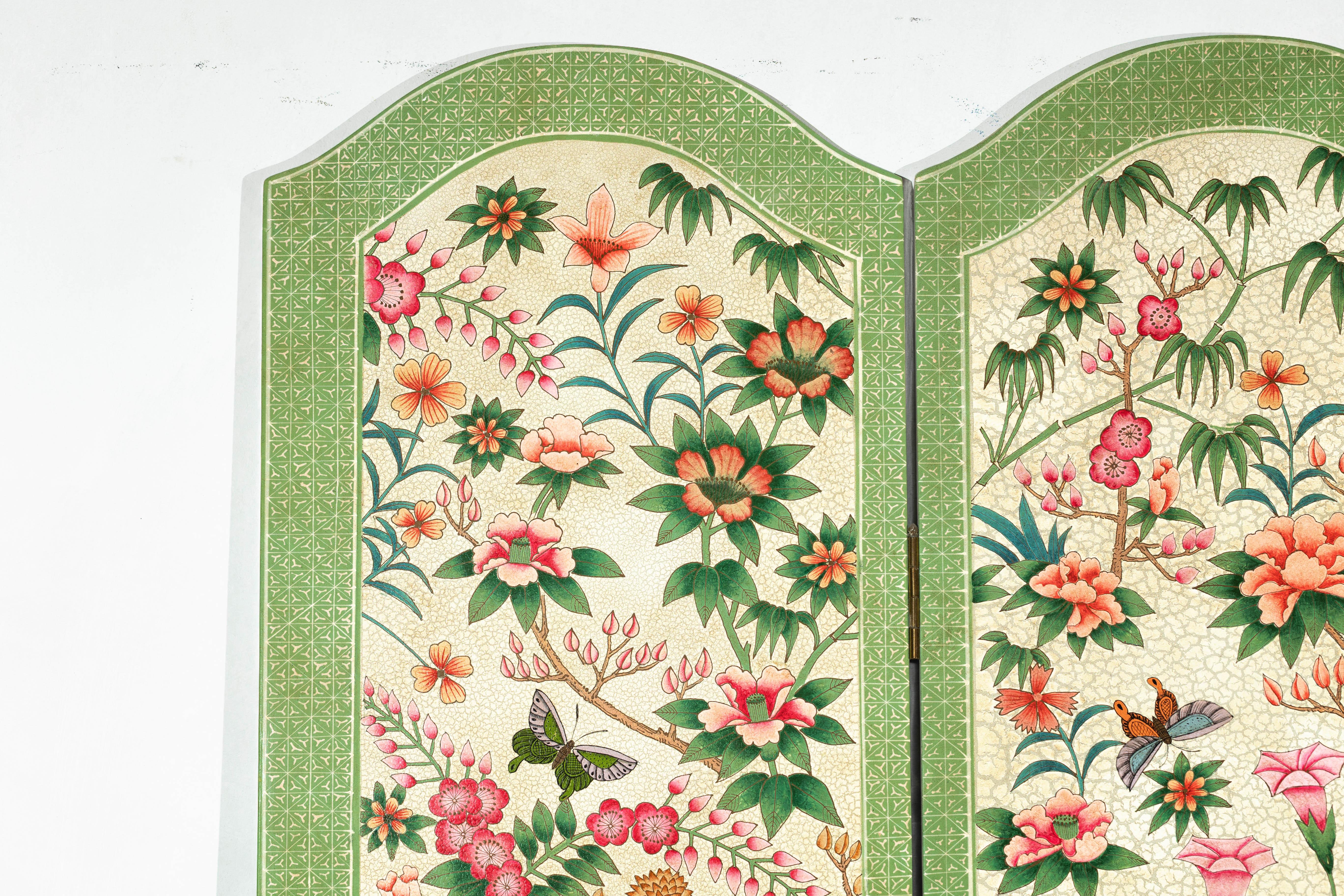 Hand-Painted Floral Screen with Butterflies, Vintage Four-Panel Divider For Sale 8