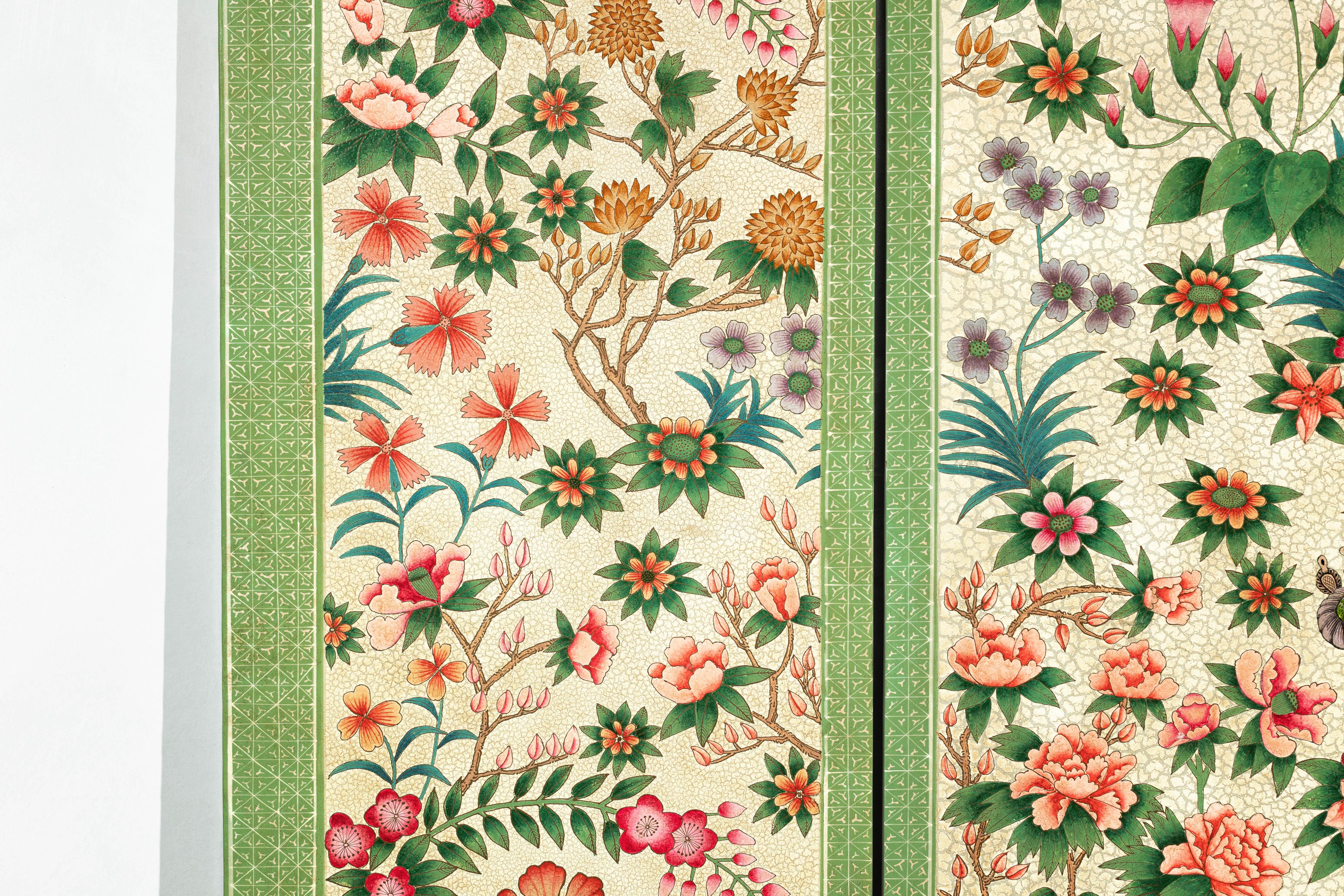 Hand-Painted Floral Screen with Butterflies, Vintage Four-Panel Divider For Sale 9