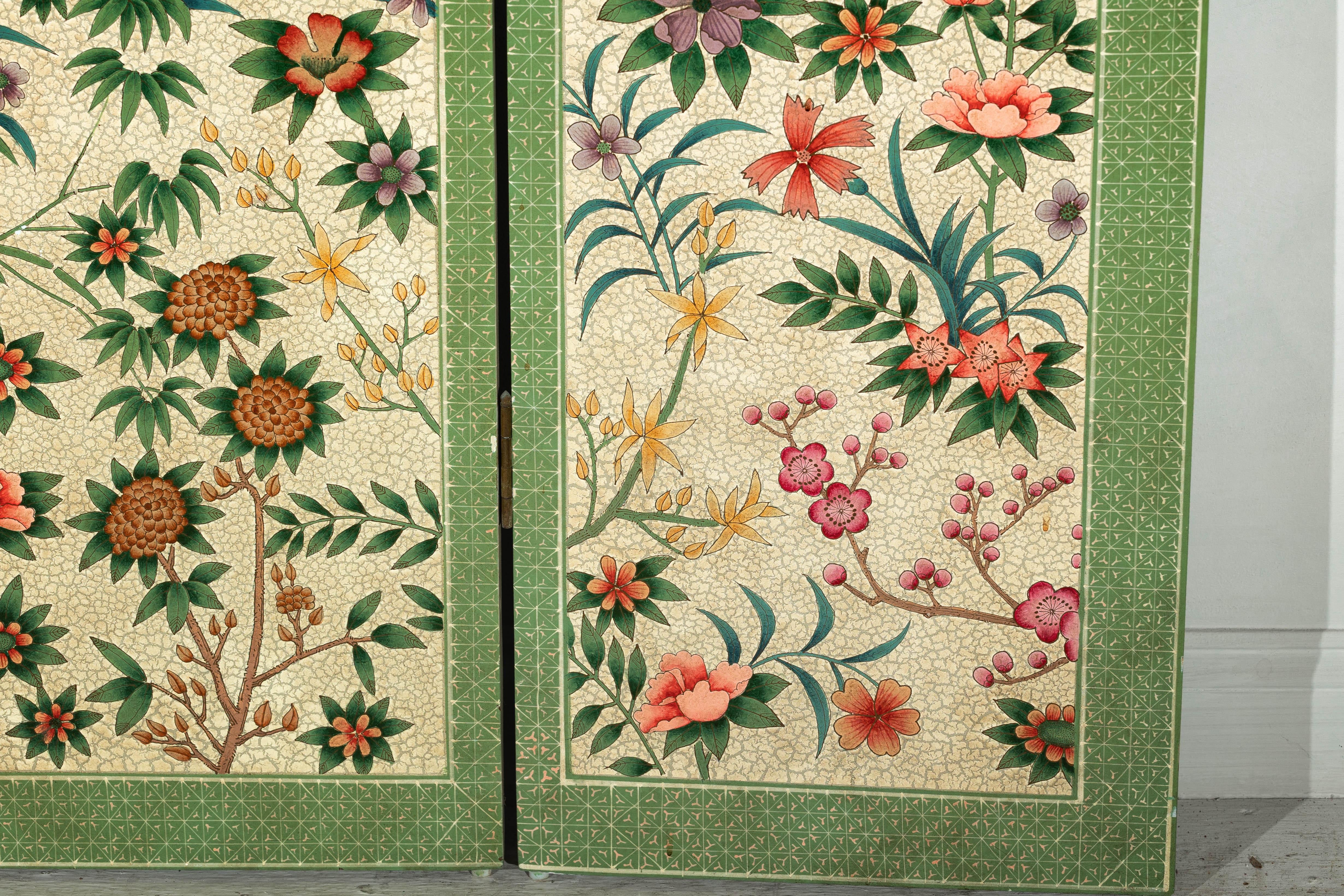 Hand-Painted Floral Screen with Butterflies, Vintage Four-Panel Divider For Sale 11
