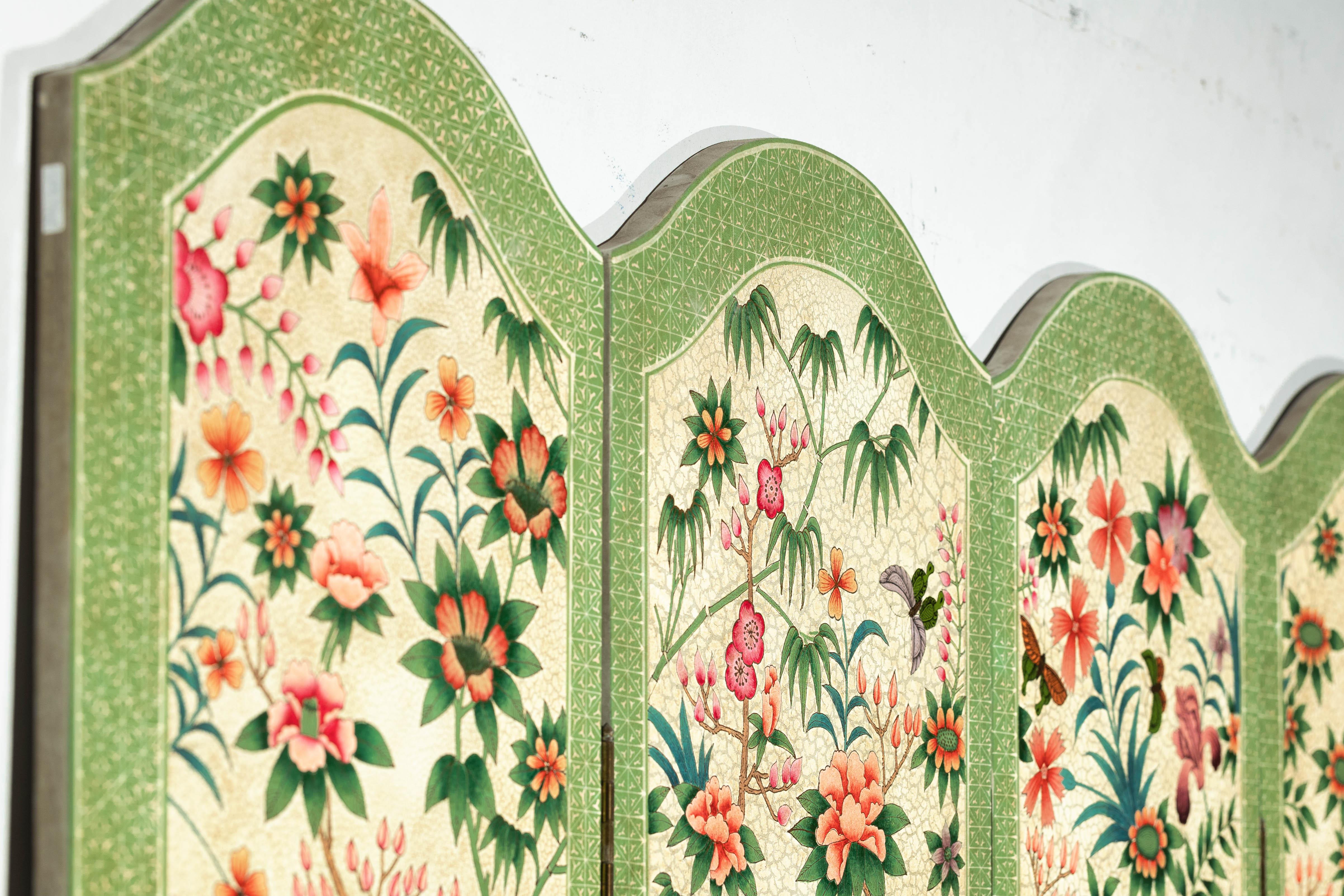 Hand-Painted Floral Screen with Butterflies, Vintage Four-Panel Divider For Sale 13