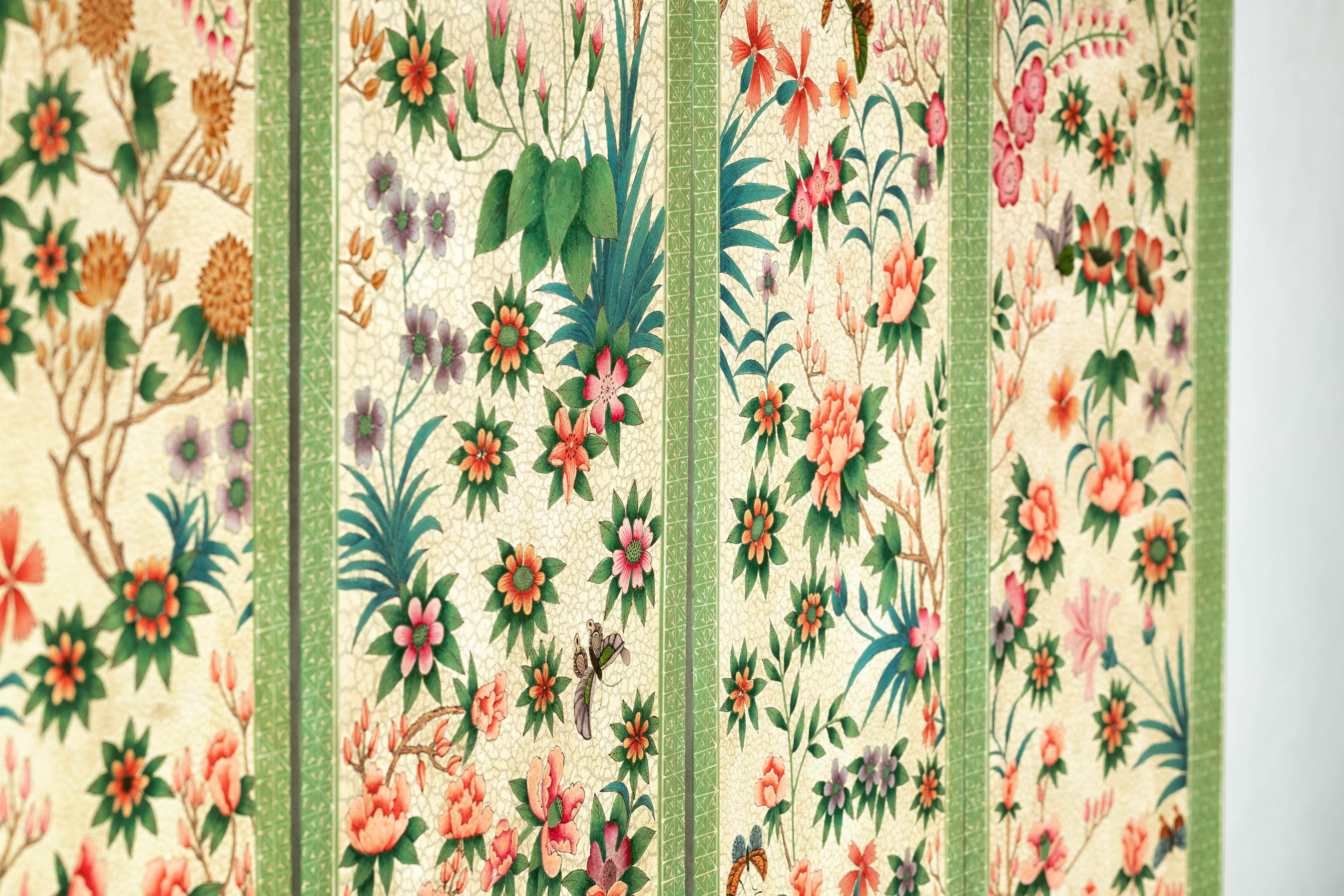 Hand-Painted Floral Screen with Butterflies, Vintage Four-Panel Divider For Sale 14