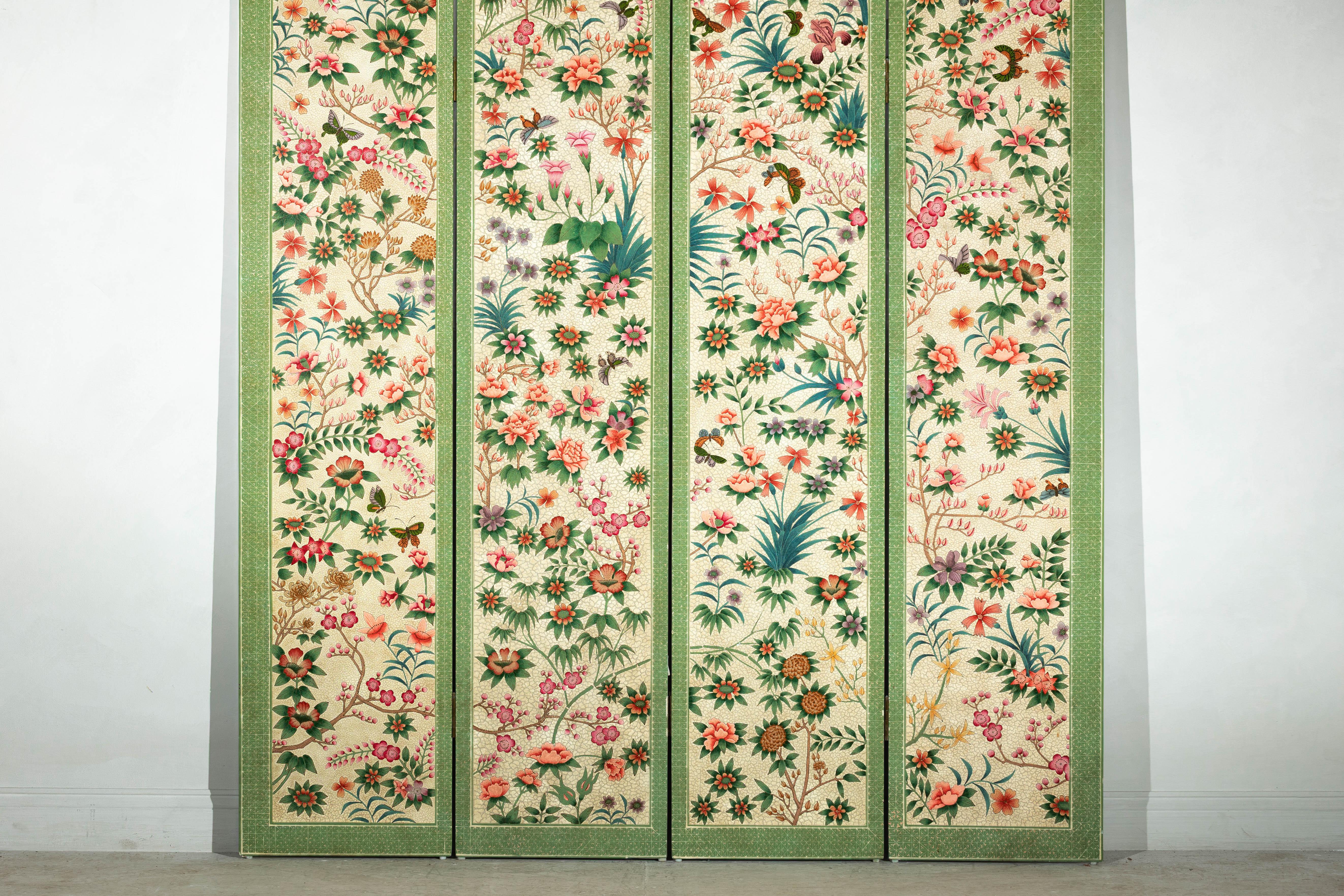 Chinese Hand-Painted Floral Screen with Butterflies, Vintage Four-Panel Divider For Sale
