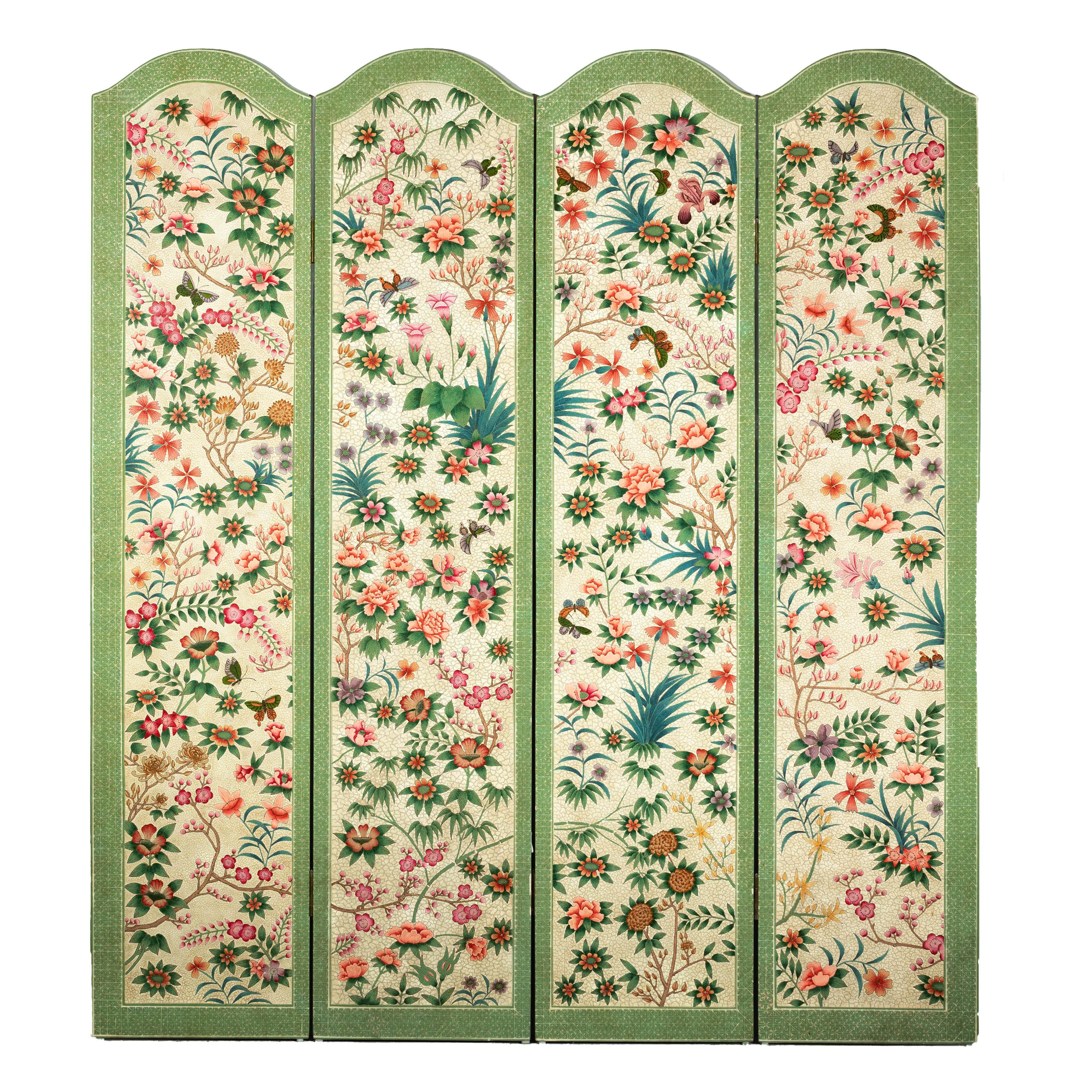 Hand-Painted Floral Screen with Butterflies, Vintage Four-Panel Divider In Good Condition For Sale In Yonkers, NY