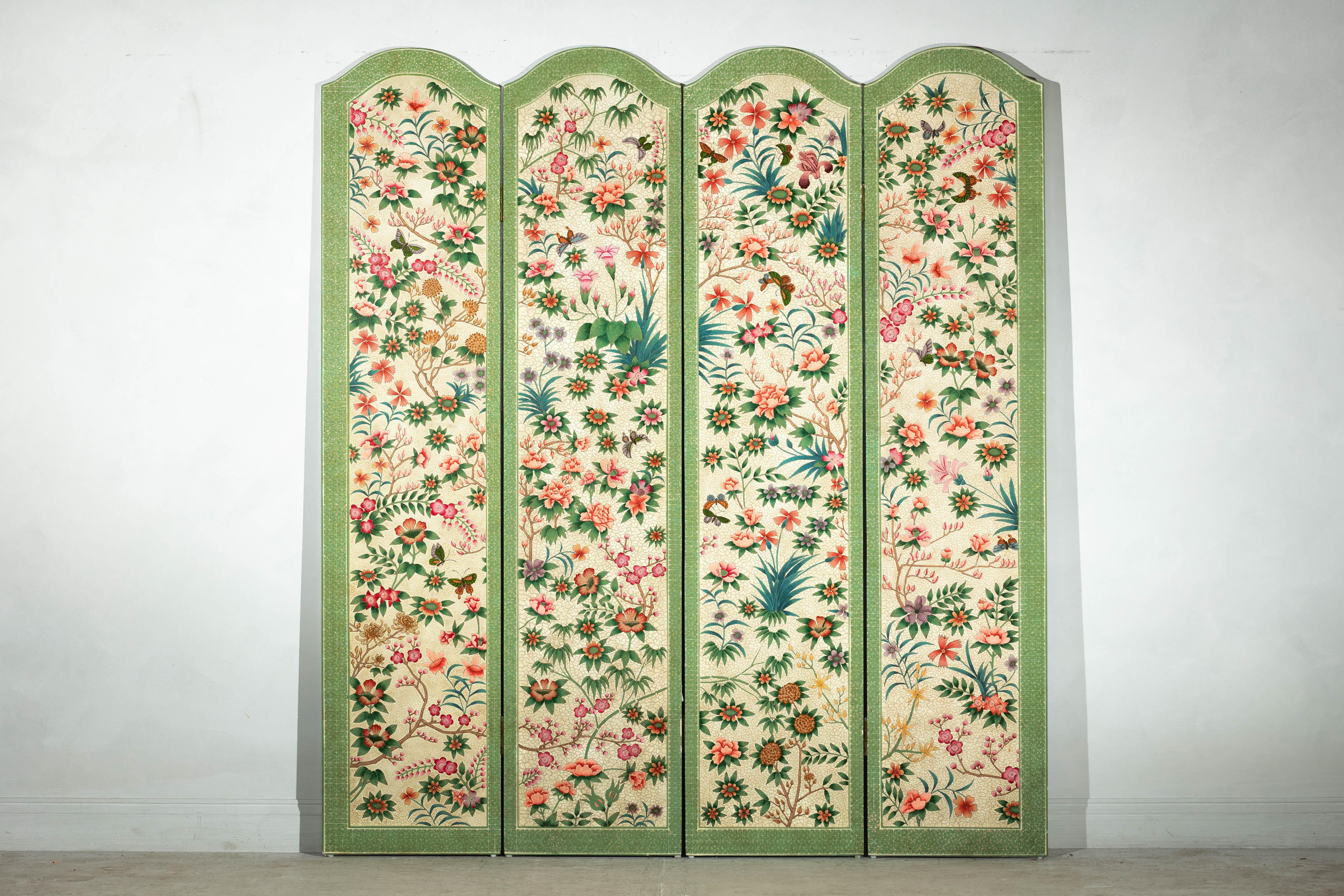 20th Century Hand-Painted Floral Screen with Butterflies, Vintage Four-Panel Divider For Sale