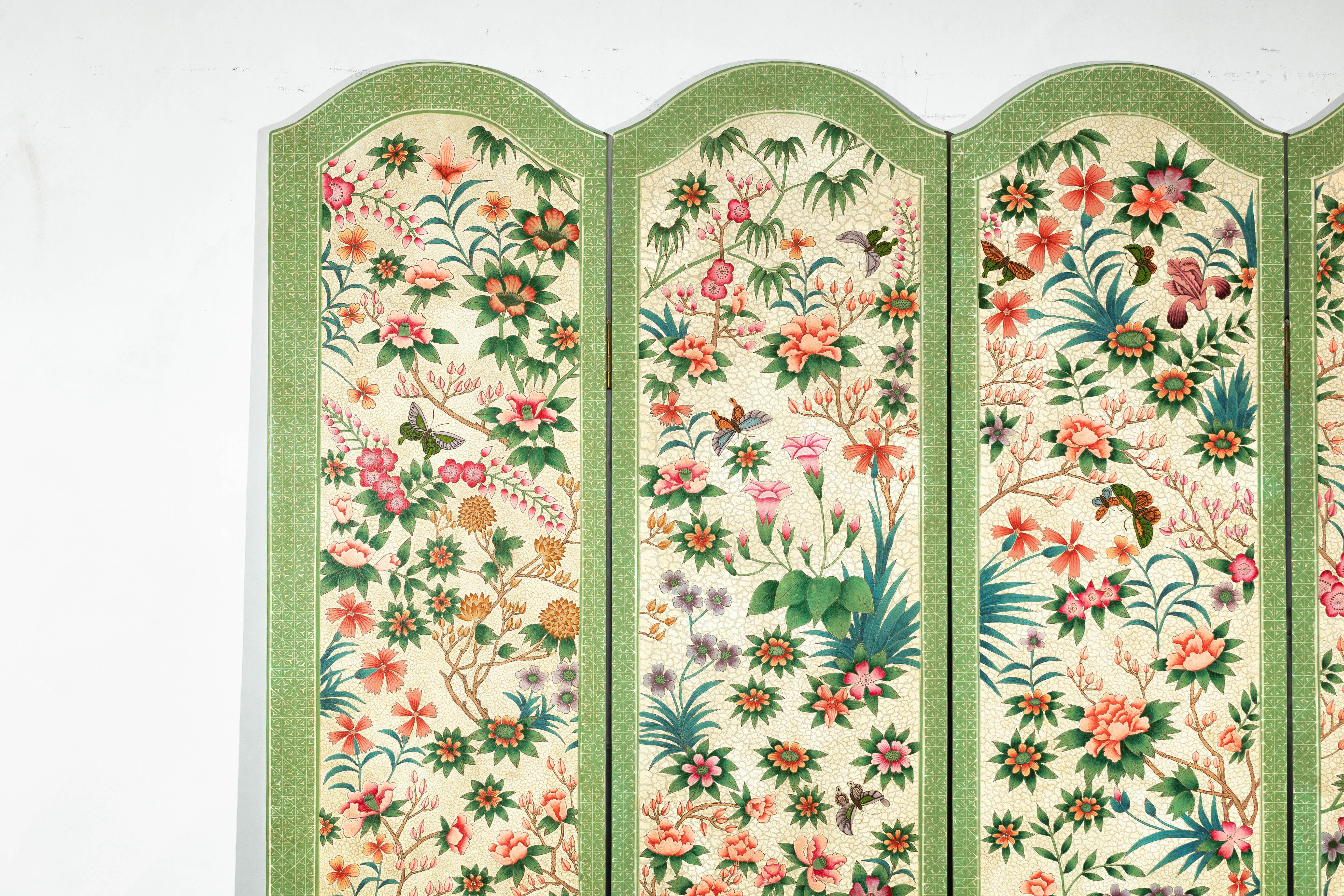 Wood Hand-Painted Floral Screen with Butterflies, Vintage Four-Panel Divider For Sale