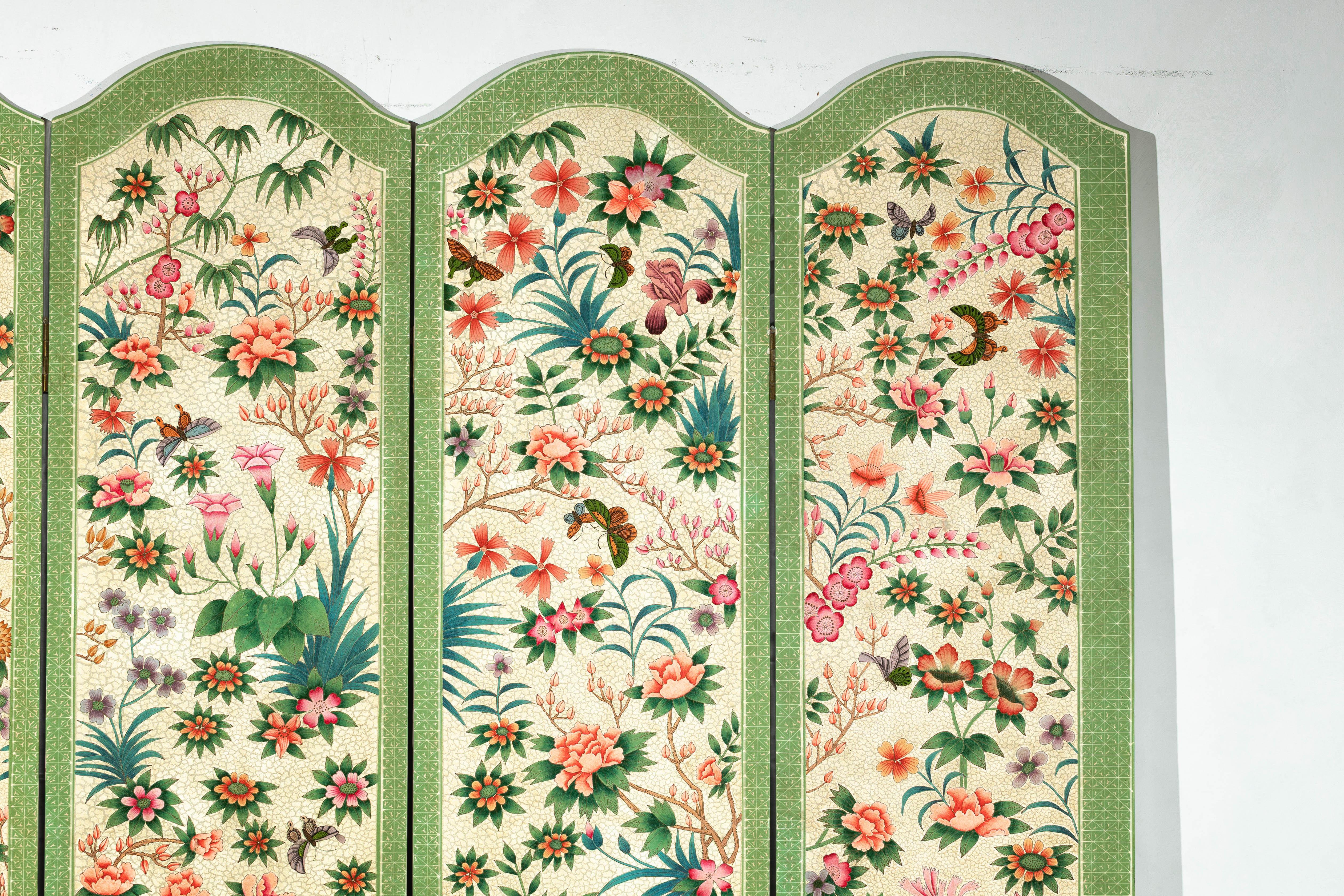 Hand-Painted Floral Screen with Butterflies, Vintage Four-Panel Divider For Sale 1