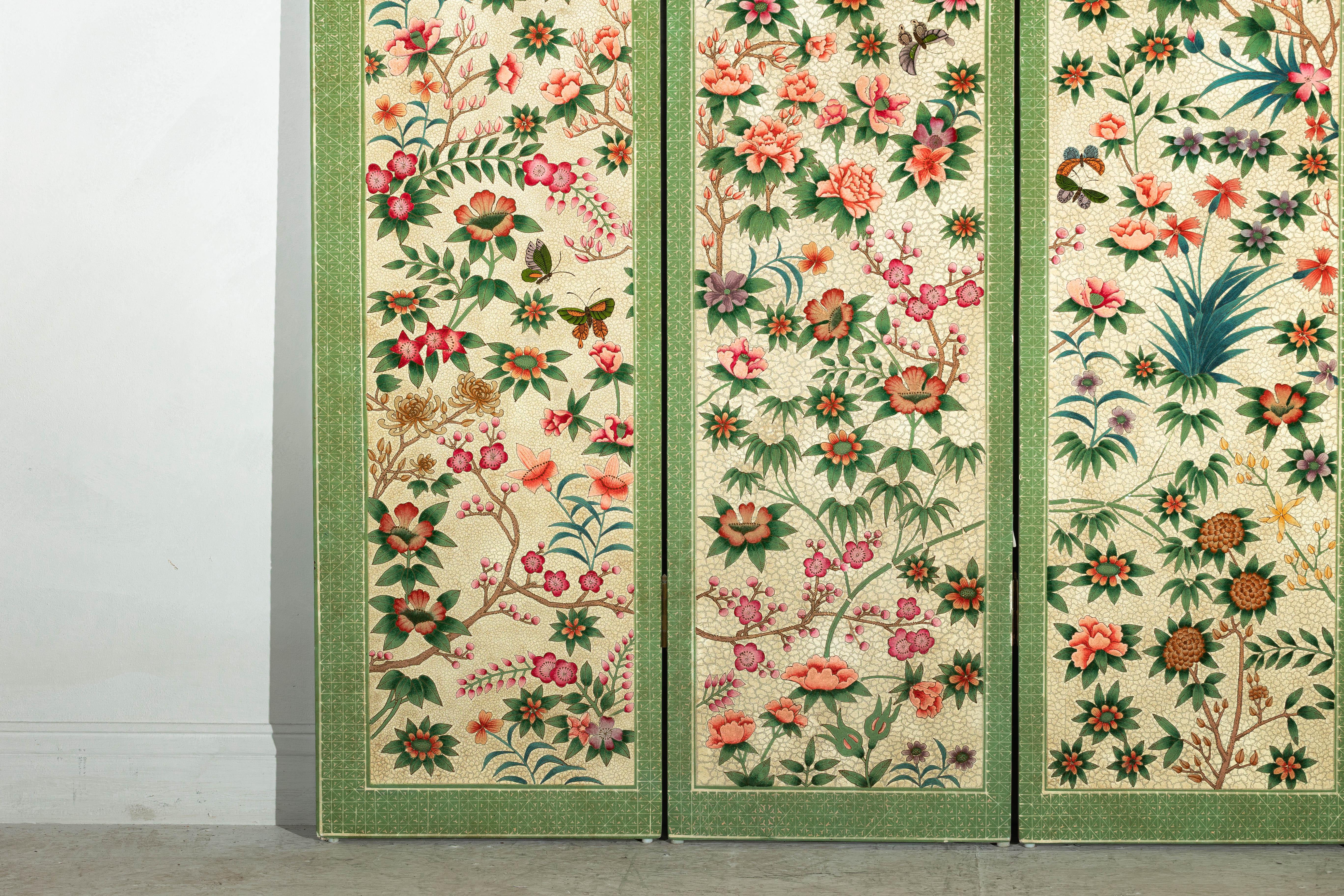 Hand-Painted Floral Screen with Butterflies, Vintage Four-Panel Divider For Sale 3