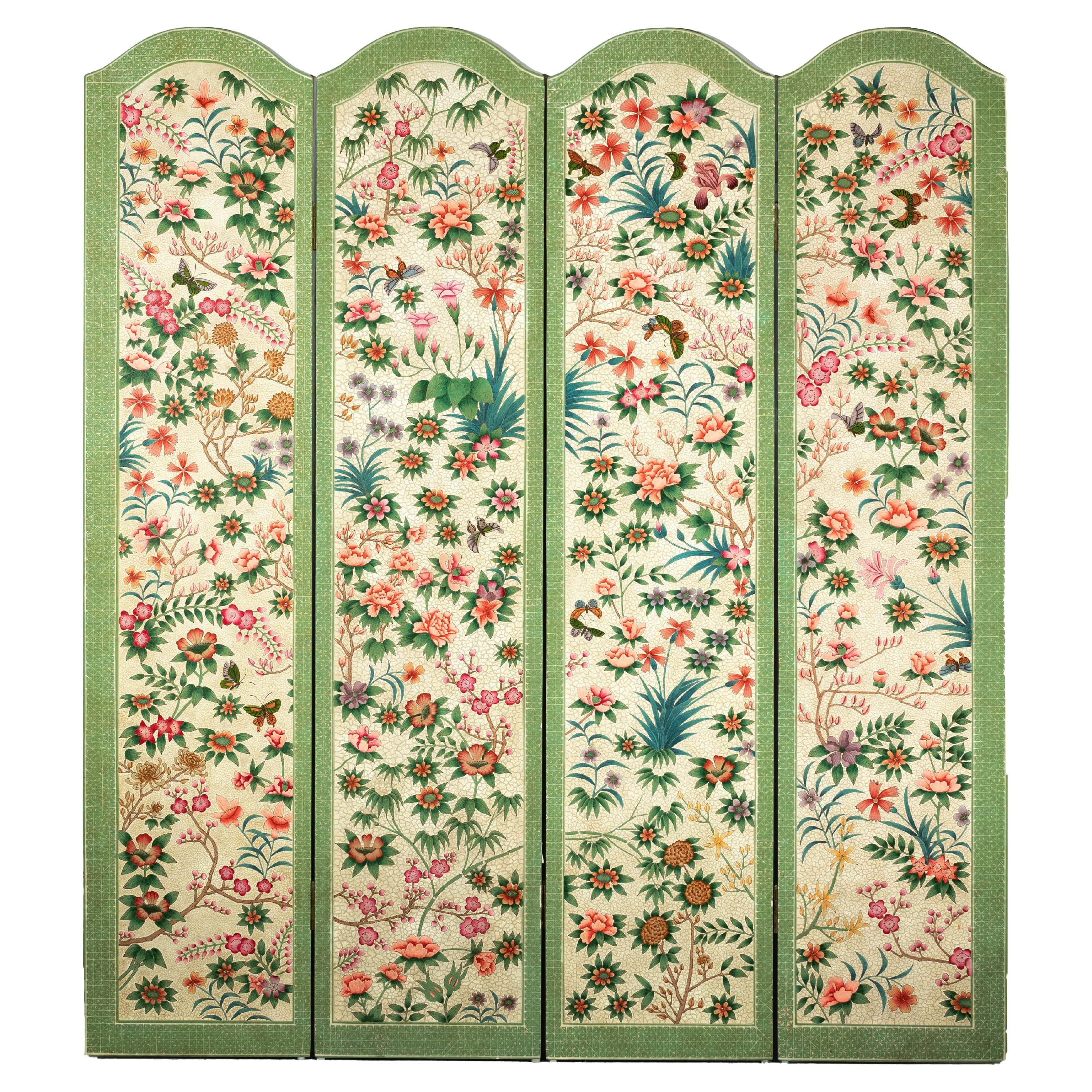Hand-Painted Floral Screen with Butterflies, Vintage Four-Panel Divider For Sale
