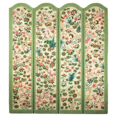 Biombo Floral Pintado a Mano con Mariposas, Separador Vintage de Cuatro Paneles
