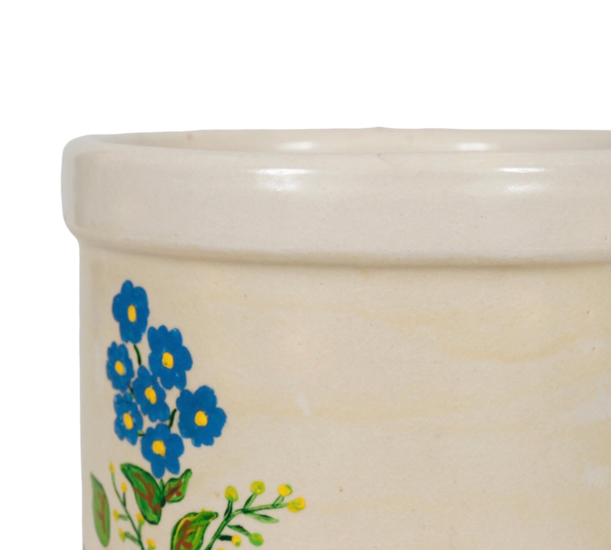 Rustic Hand Painted Floral Stoneware Jar For Sale
