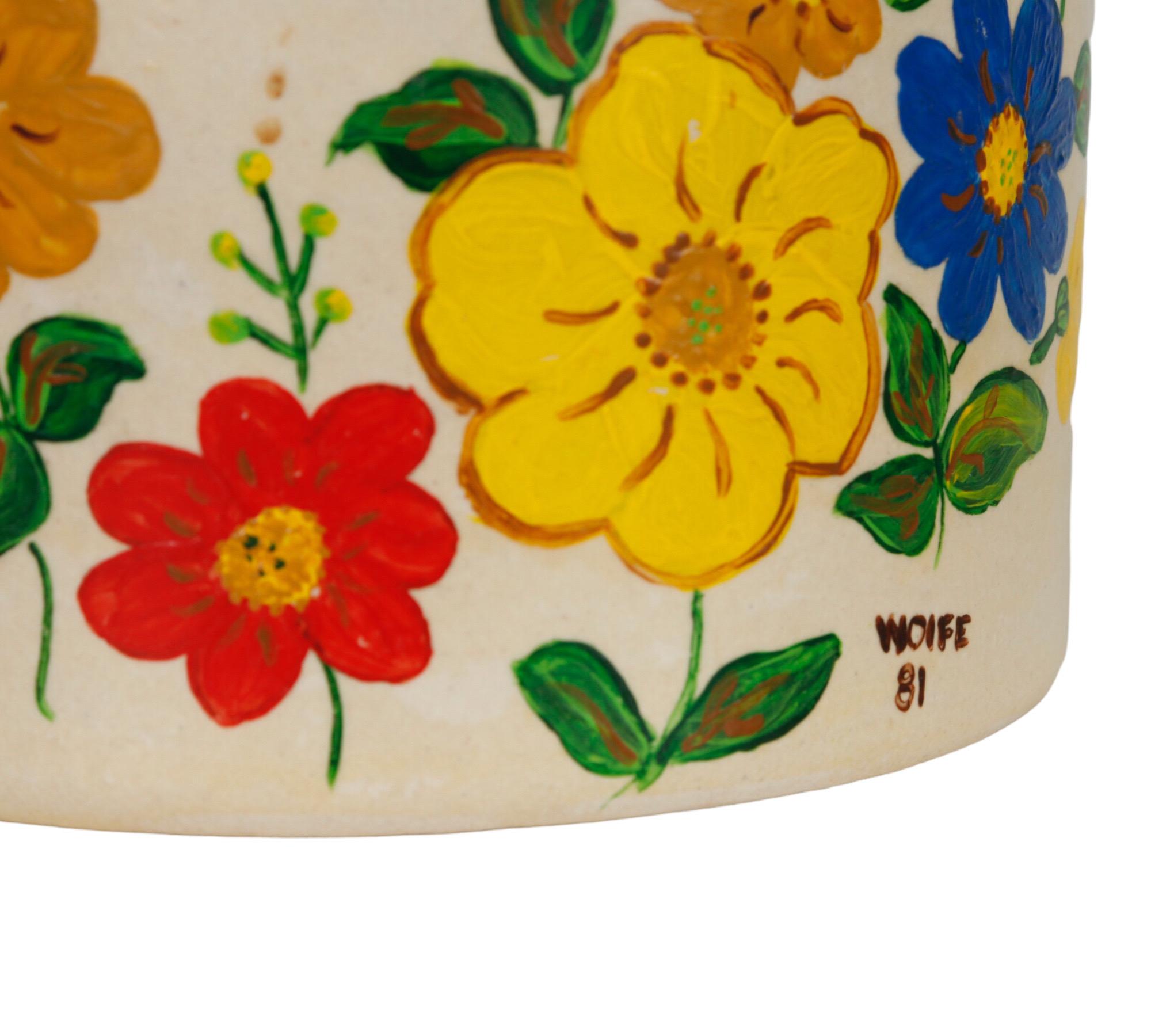 Hand Painted Floral Stoneware Jar In Good Condition For Sale In Bradenton, FL