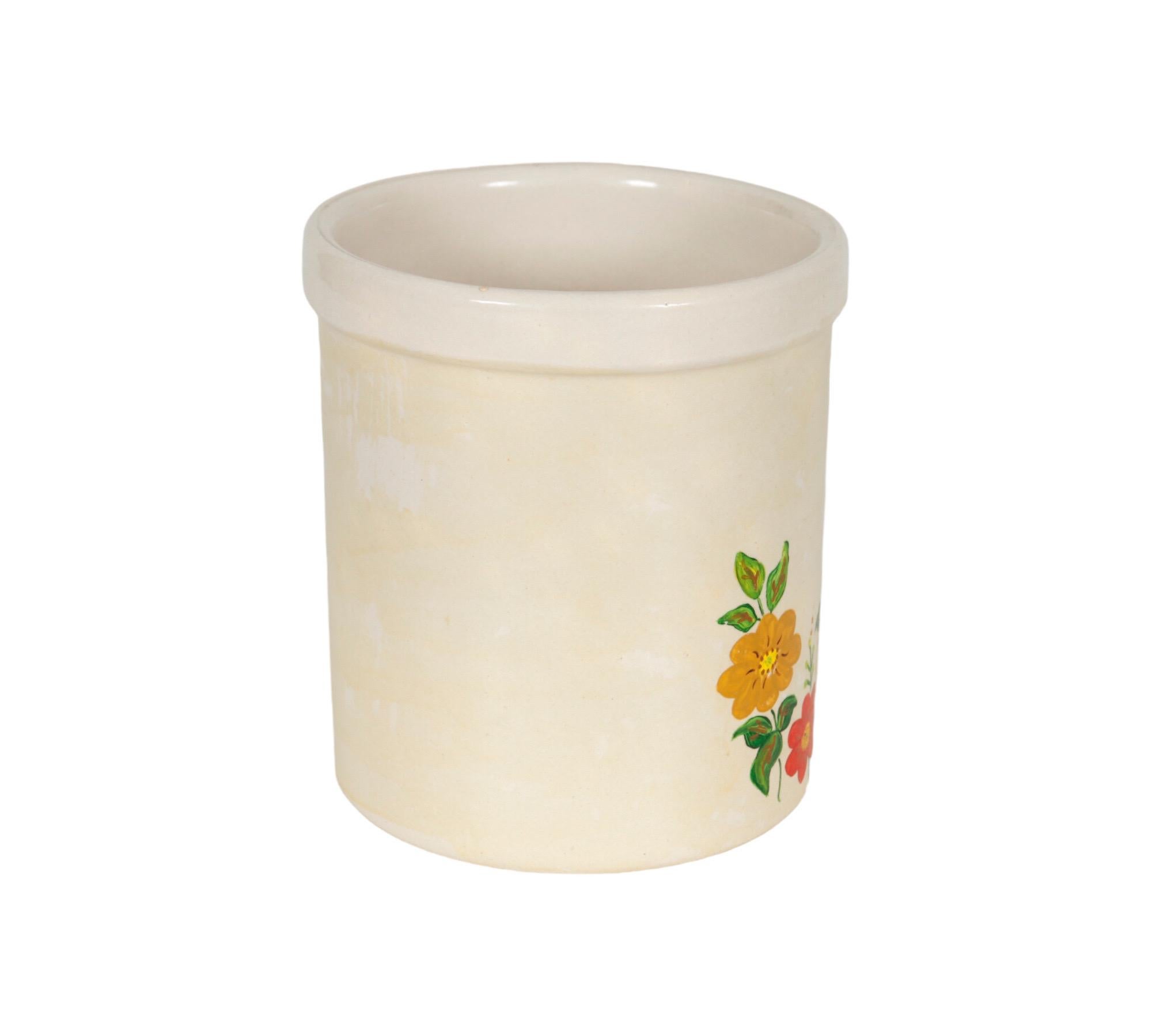 Late 20th Century Hand Painted Floral Stoneware Jar For Sale
