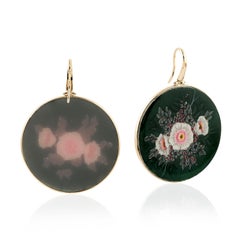 Hand Painted Flower Bakelite Disc Earring Made In 18k Yellow Gold