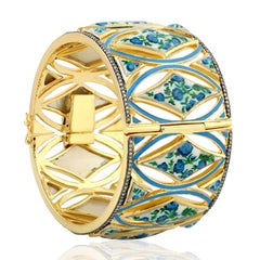 Hand Painted Flower Enamel On Tall Cuff With MOP & Diamonds In 18k Yellow Gold