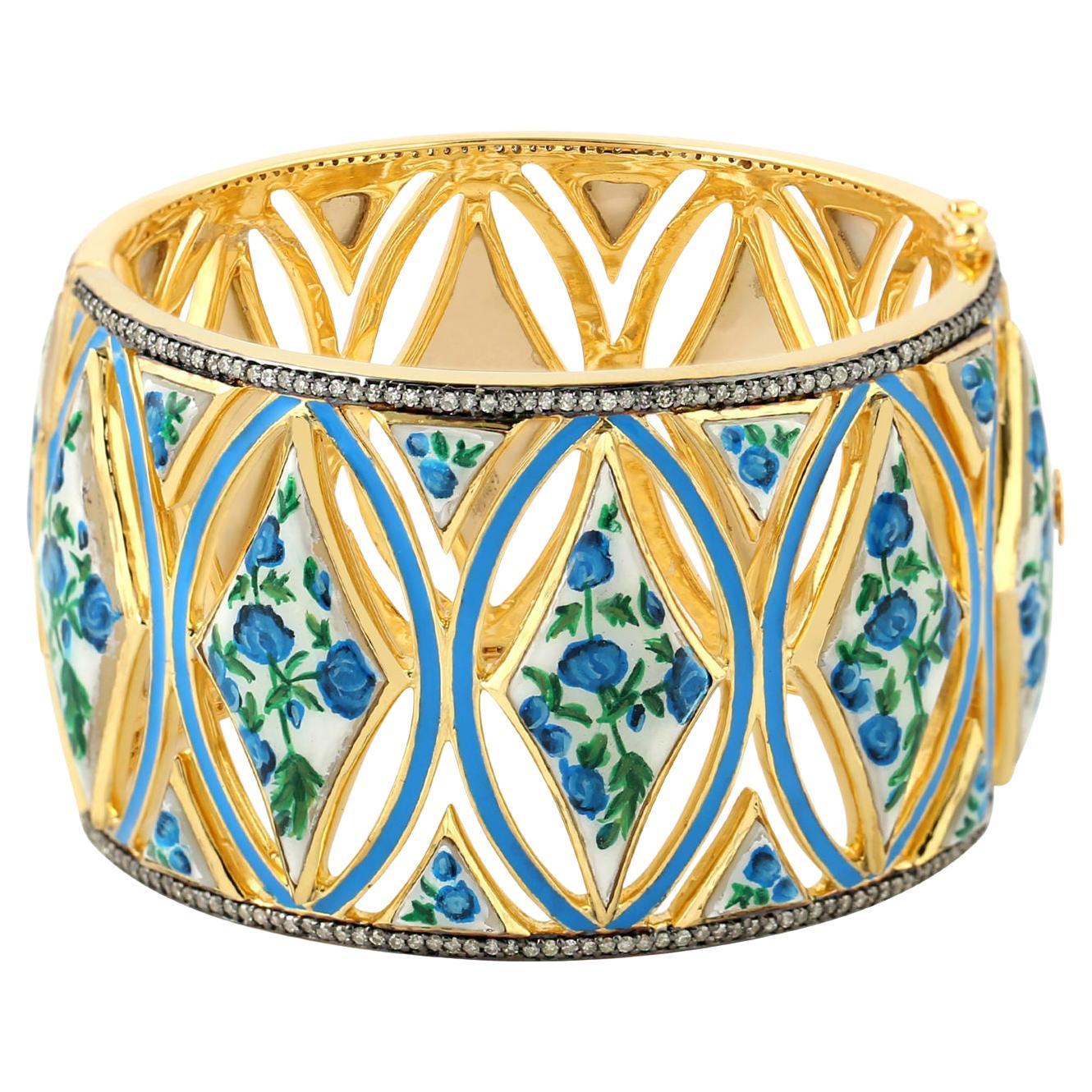 Hand Painted Flower Enamel On Tall Cuff With MOP & Diamonds In 18k Yellow Gold For Sale