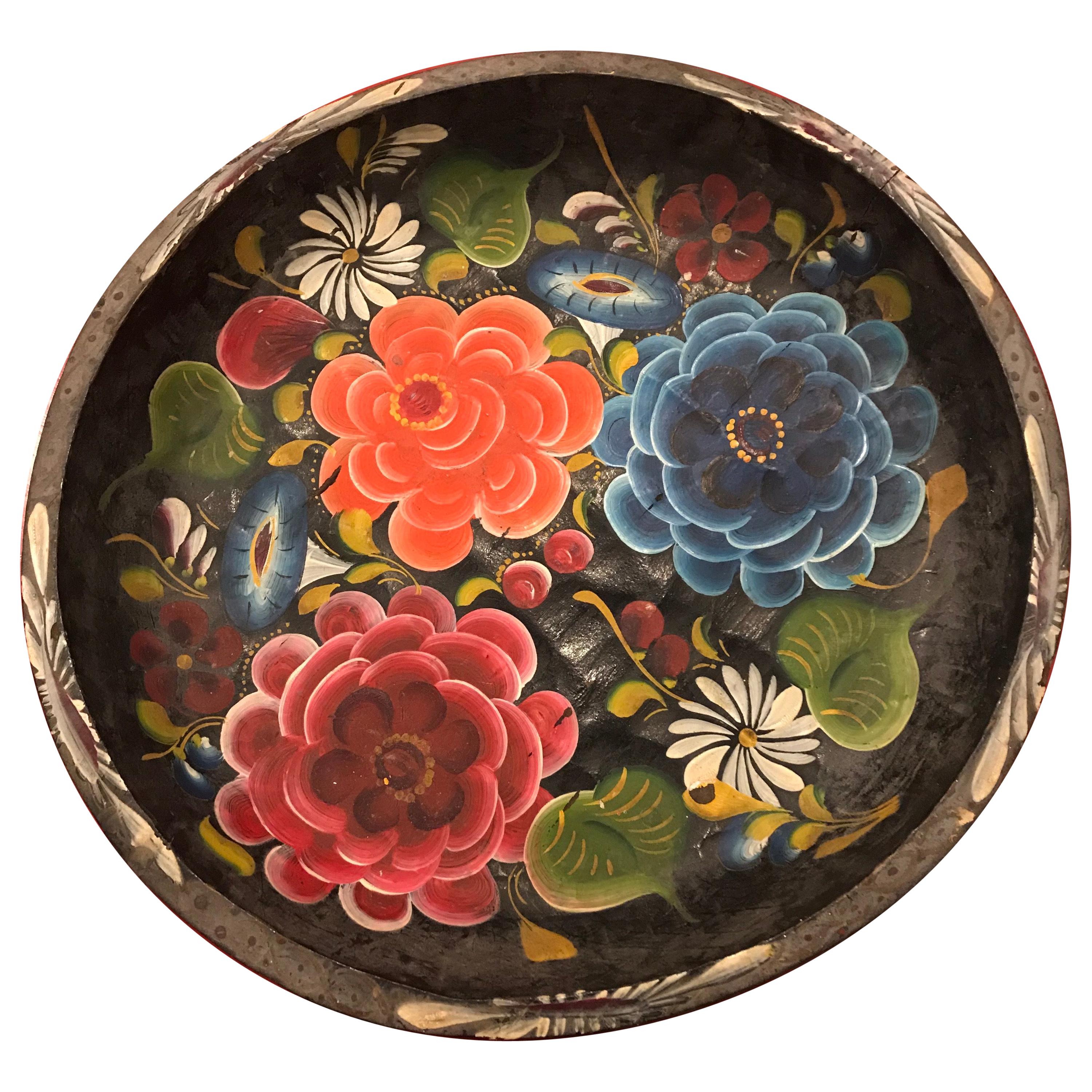 Hand Painted Flower Mexican Bowl Large For Sale