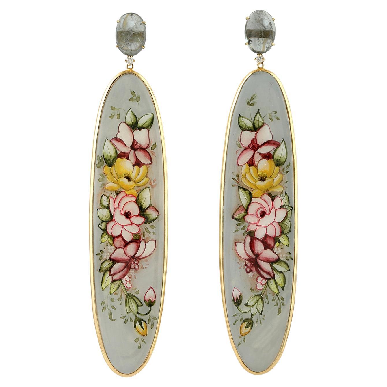 Hand Painted Flower Painting Dangle Earrings in 18k yellow Gold
