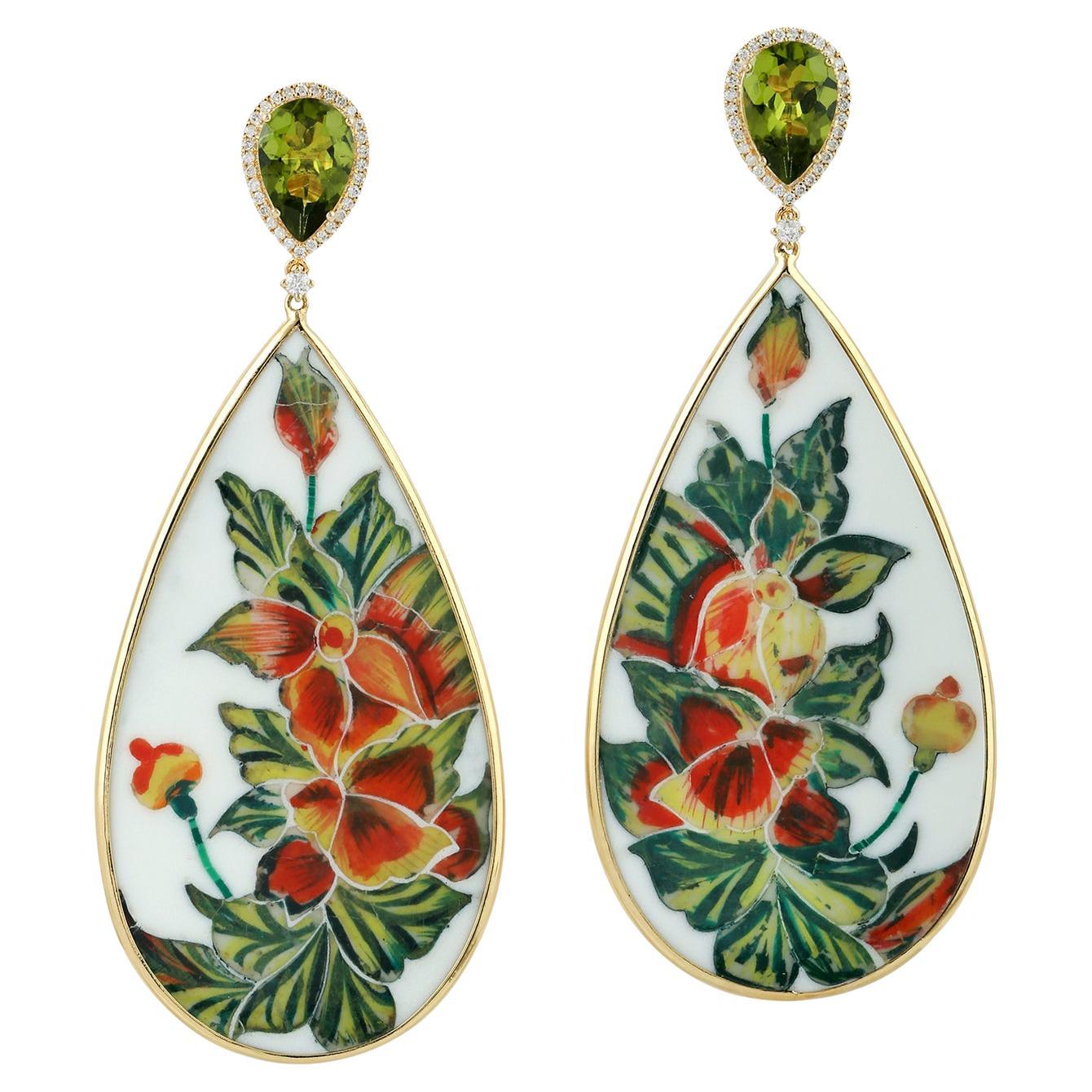 Hand Painted Flower Painting On pear Shaped Bakelite Earrings With Peridot For Sale