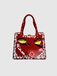 Hand-Painted "fly with me" 1960s Artist Up-Cycled Brick-Red Faux Leather Handbag