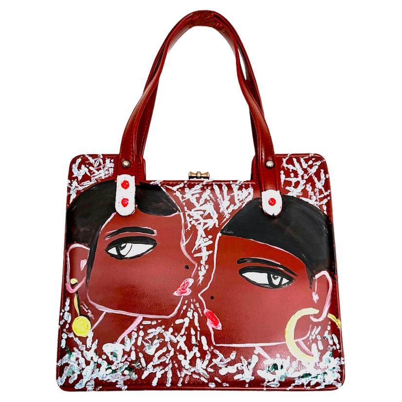 Hand-Painted "fly with me" 1960s Artist Up-Cycled Brick-Red Faux Leather Handbag For Sale