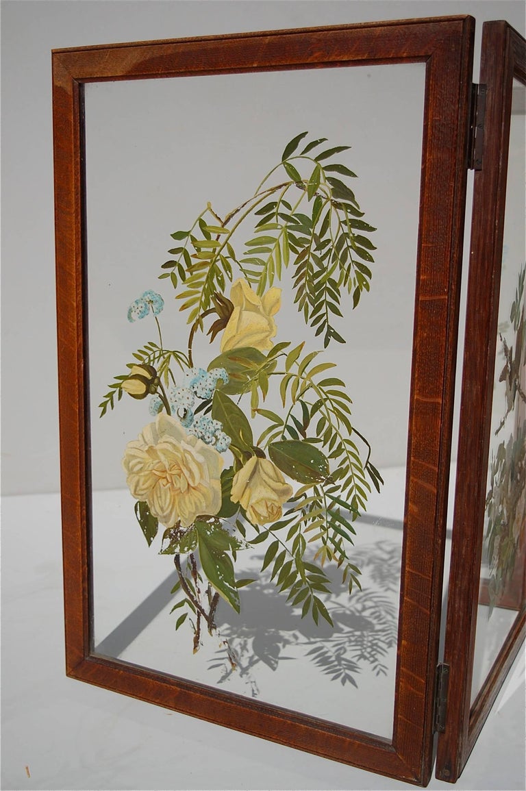 HandPainted Folding Glass Table Screen or Divider, 1940s Belgium at