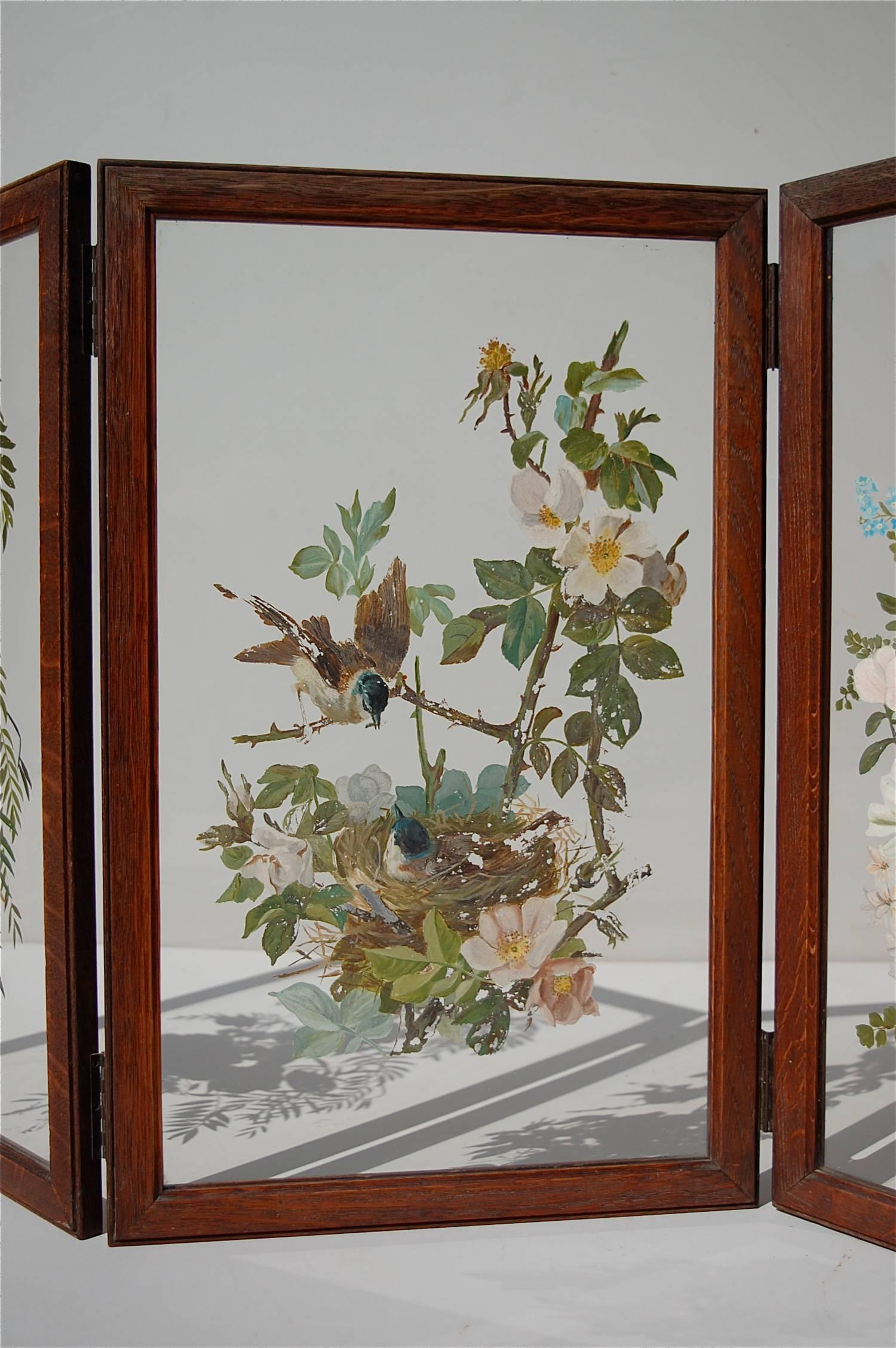 Aesthetic Movement Hand-Painted Folding Glass Table Screen or Divider, 1940s Belgium