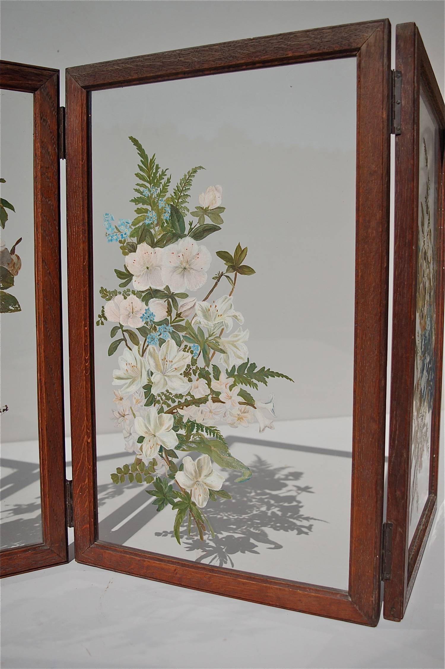 Belgian Hand-Painted Folding Glass Table Screen or Divider, 1940s Belgium