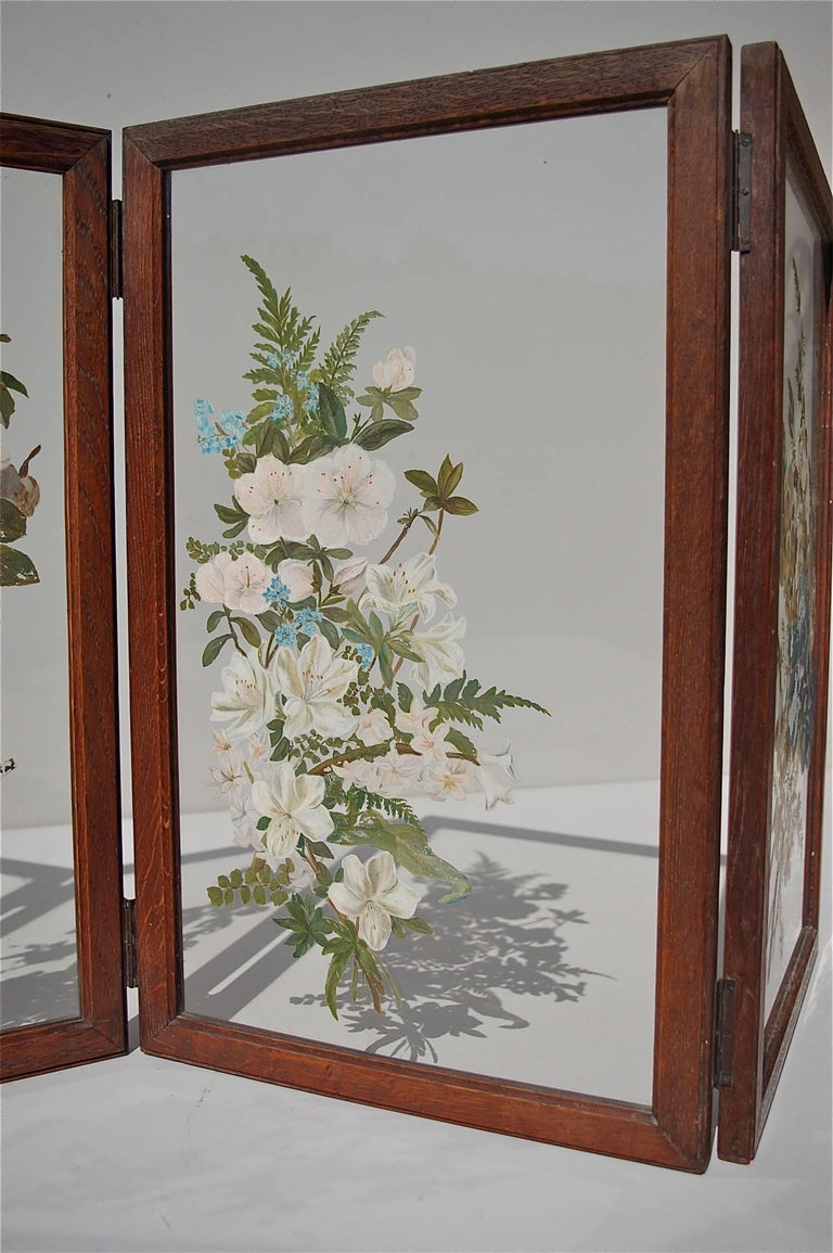 HandPainted Folding Glass Table Screen or Divider, 1940s Belgium at