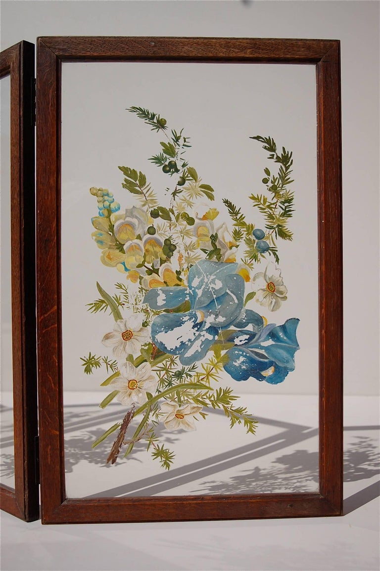 HandPainted Folding Glass Table Screen or Divider, 1940s Belgium at