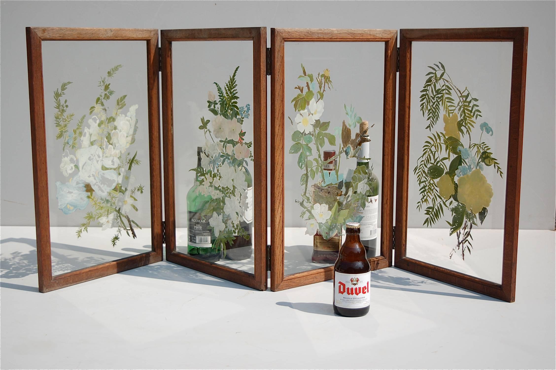 Hand-Painted Folding Glass Table Screen or Divider, 1940s Belgium 1