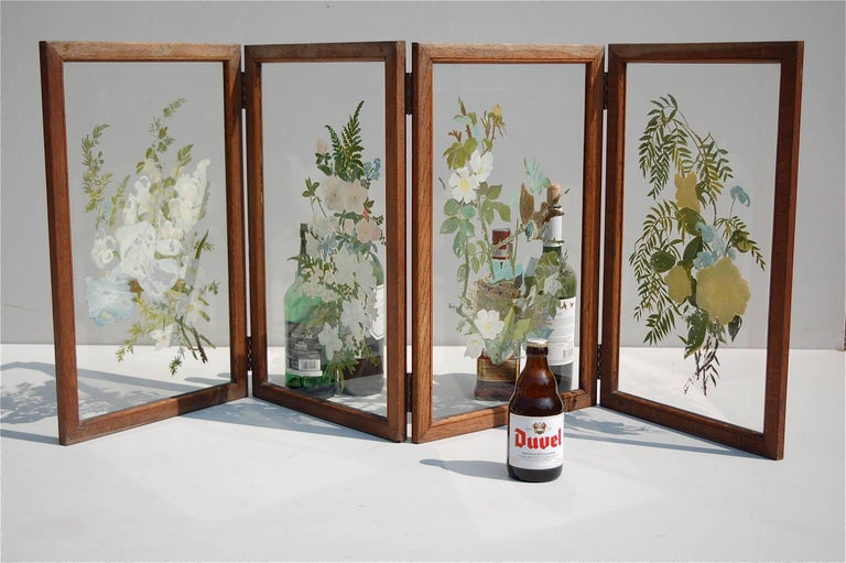 HandPainted Folding Glass Table Screen or Divider, 1940s Belgium at