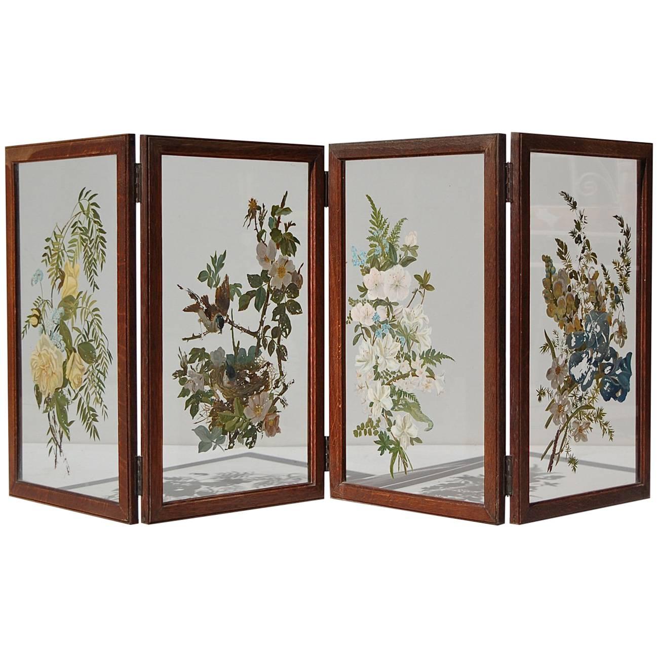 Hand-Painted Folding Glass Table Screen or Divider, 1940s Belgium