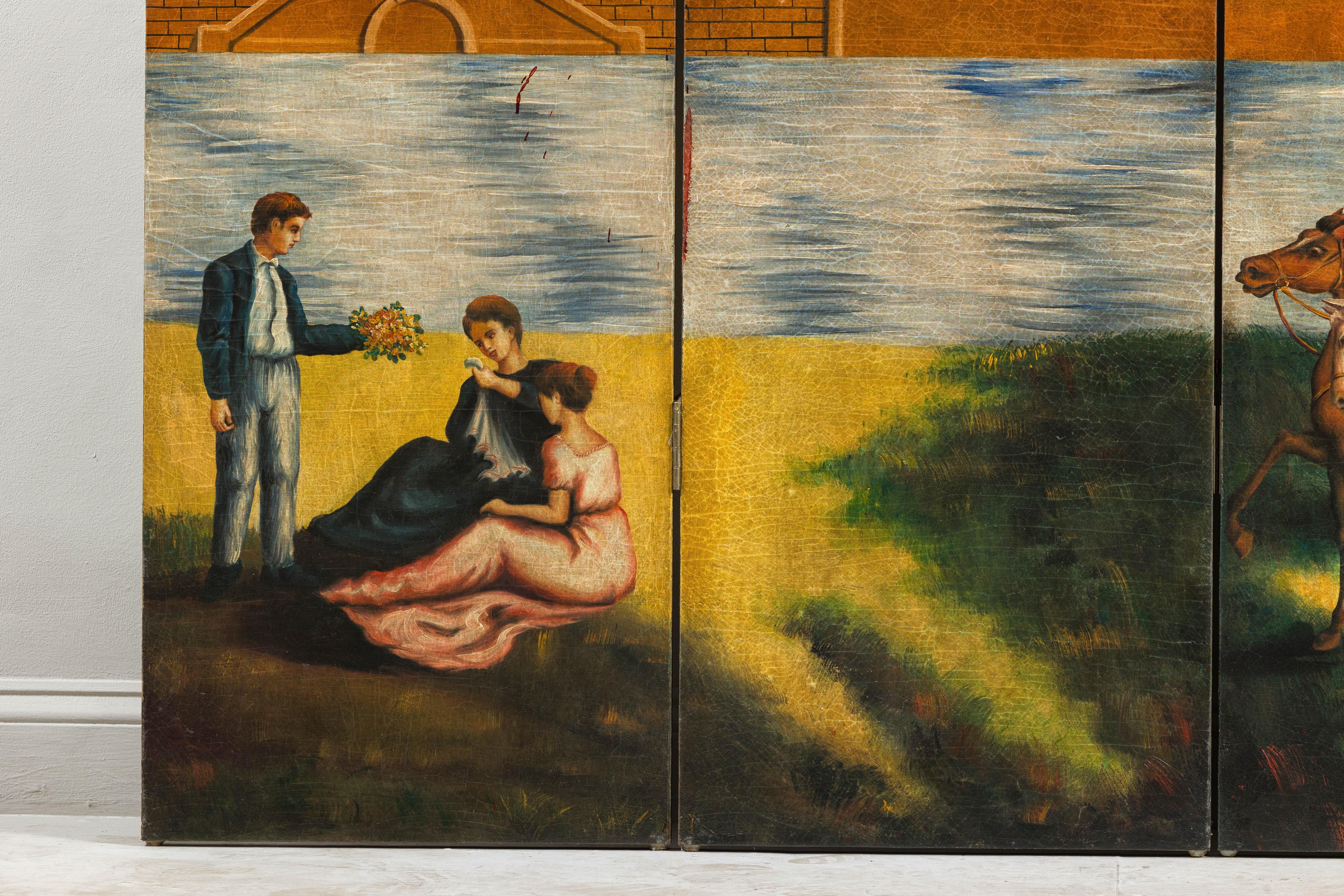 Hand-Painted Folding Screen  with Romantic European Countryside and Architecture For Sale 3