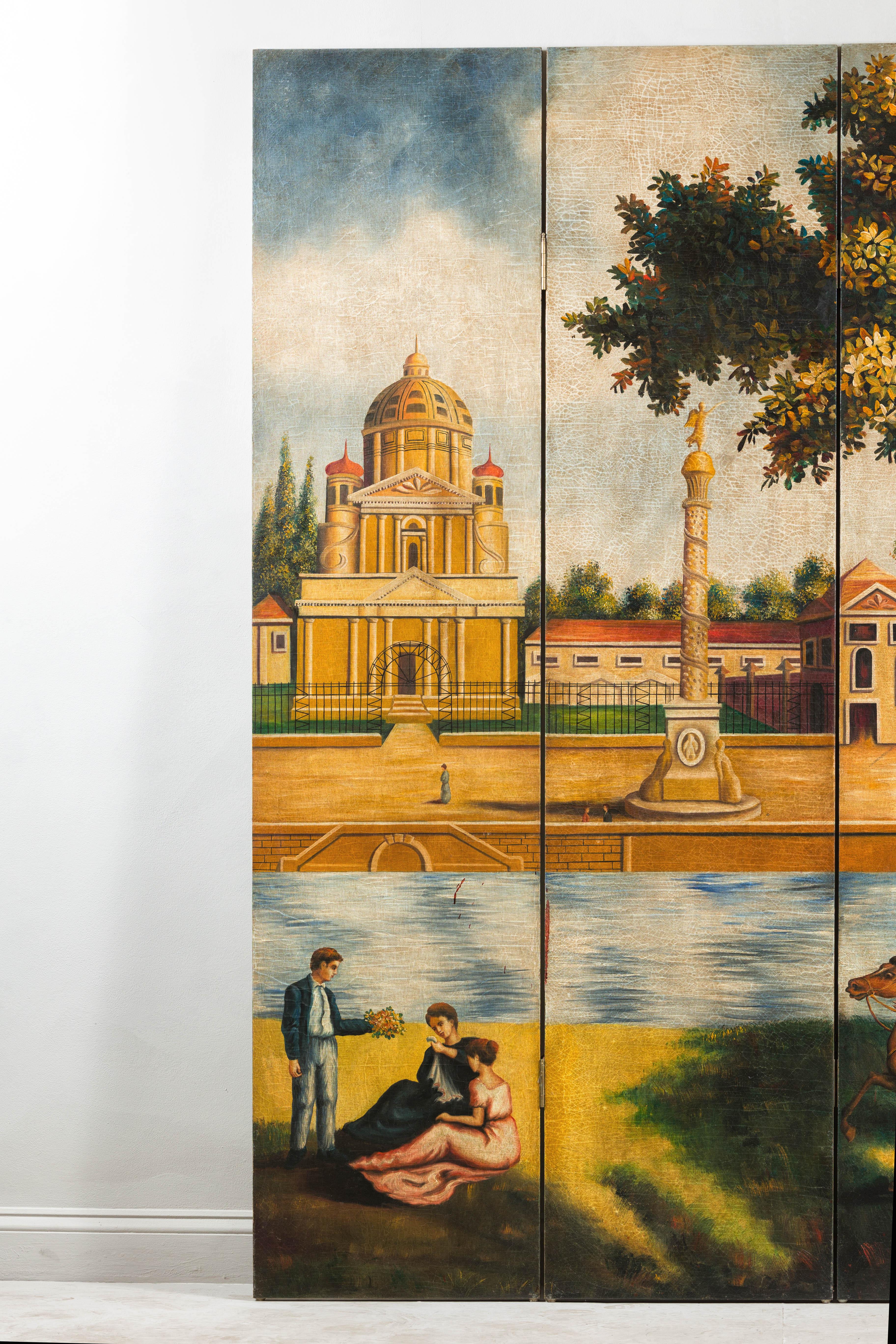 Hand-Painted Folding Screen  with Romantic European Countryside and Architecture For Sale 4
