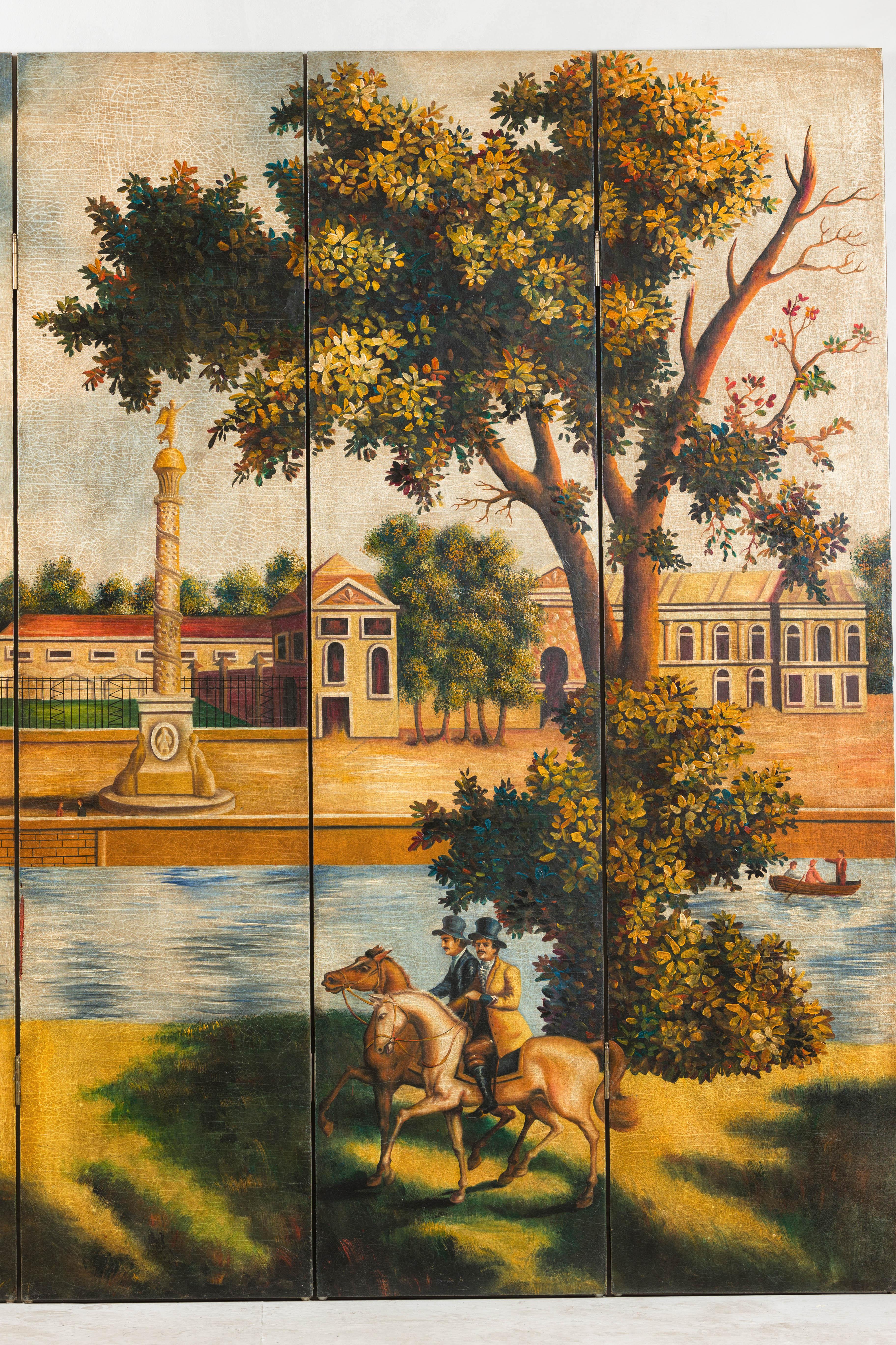 Hand-Painted Folding Screen  with Romantic European Countryside and Architecture For Sale 5