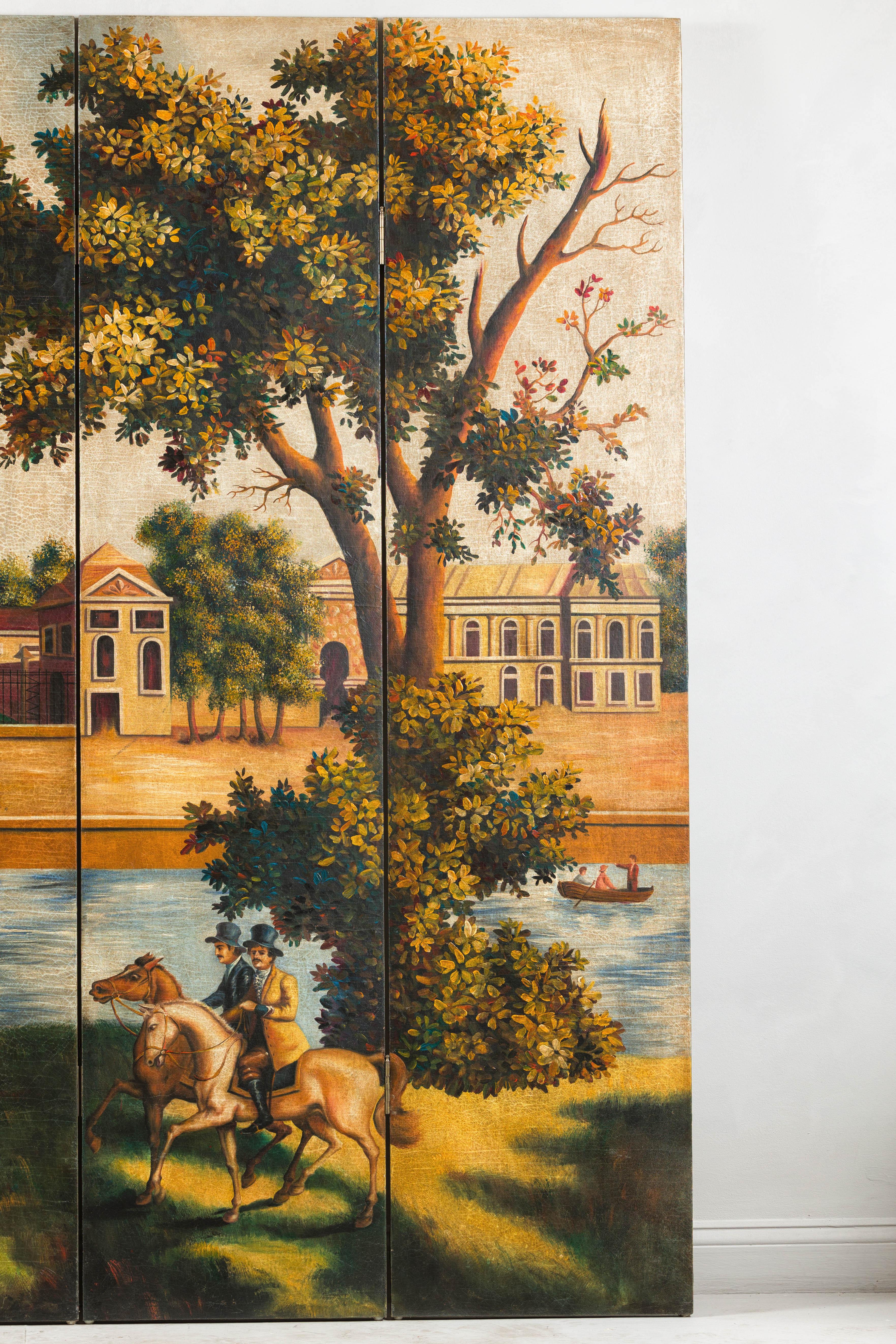 Hand-Painted Folding Screen  with Romantic European Countryside and Architecture For Sale 6