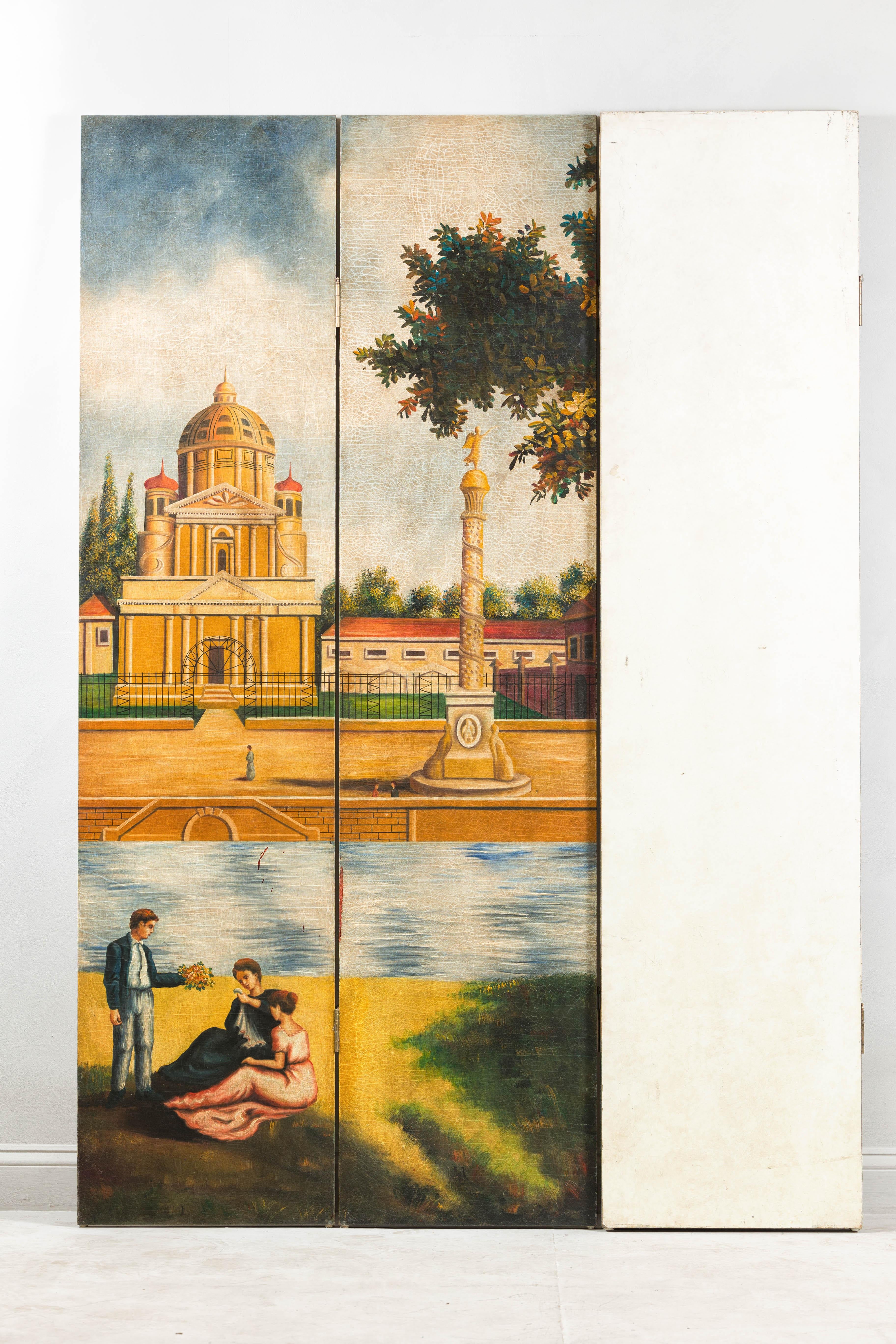 Hand-Painted Folding Screen  with Romantic European Countryside and Architecture For Sale 7