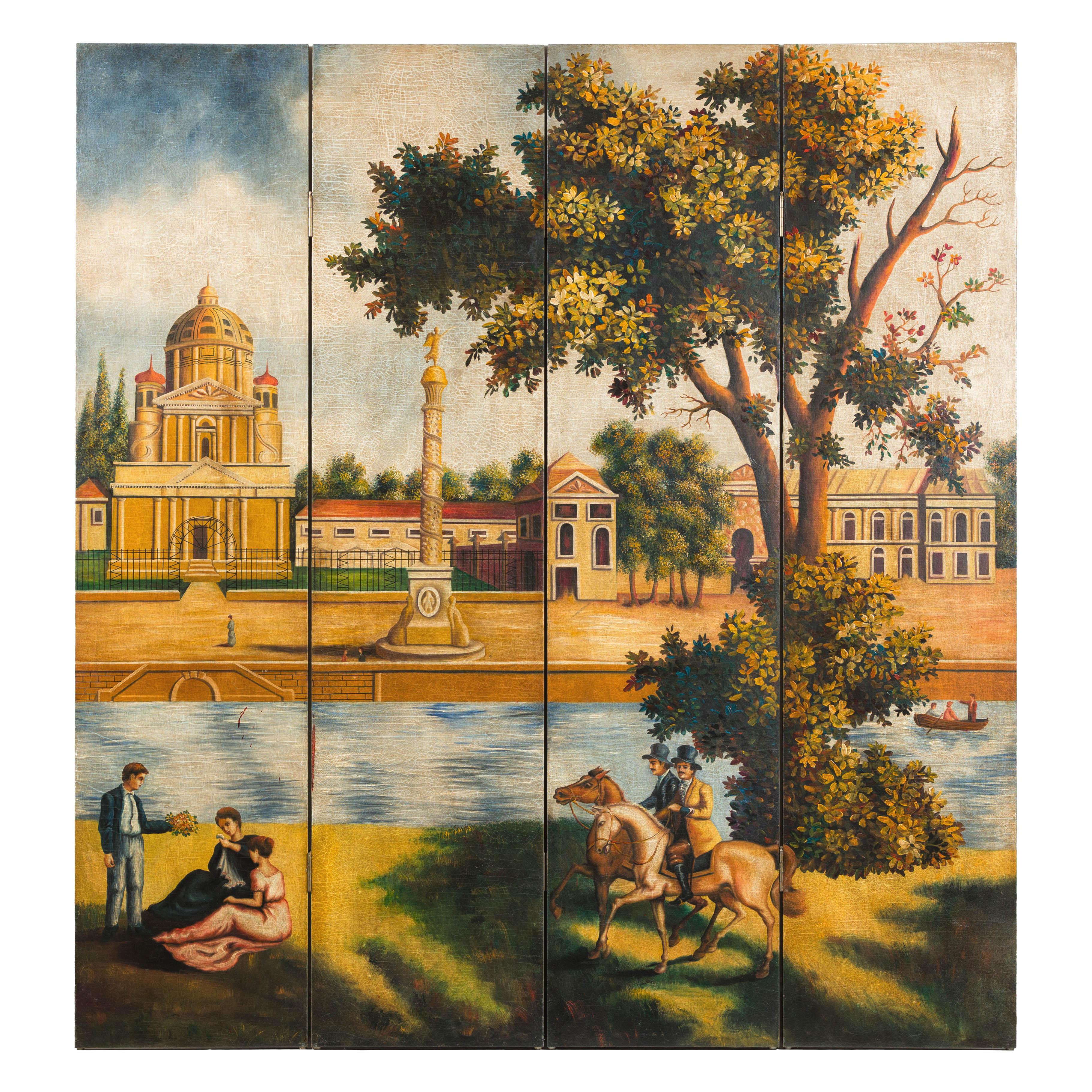 Hand-Painted Folding Screen  with Romantic European Countryside and Architecture For Sale 8