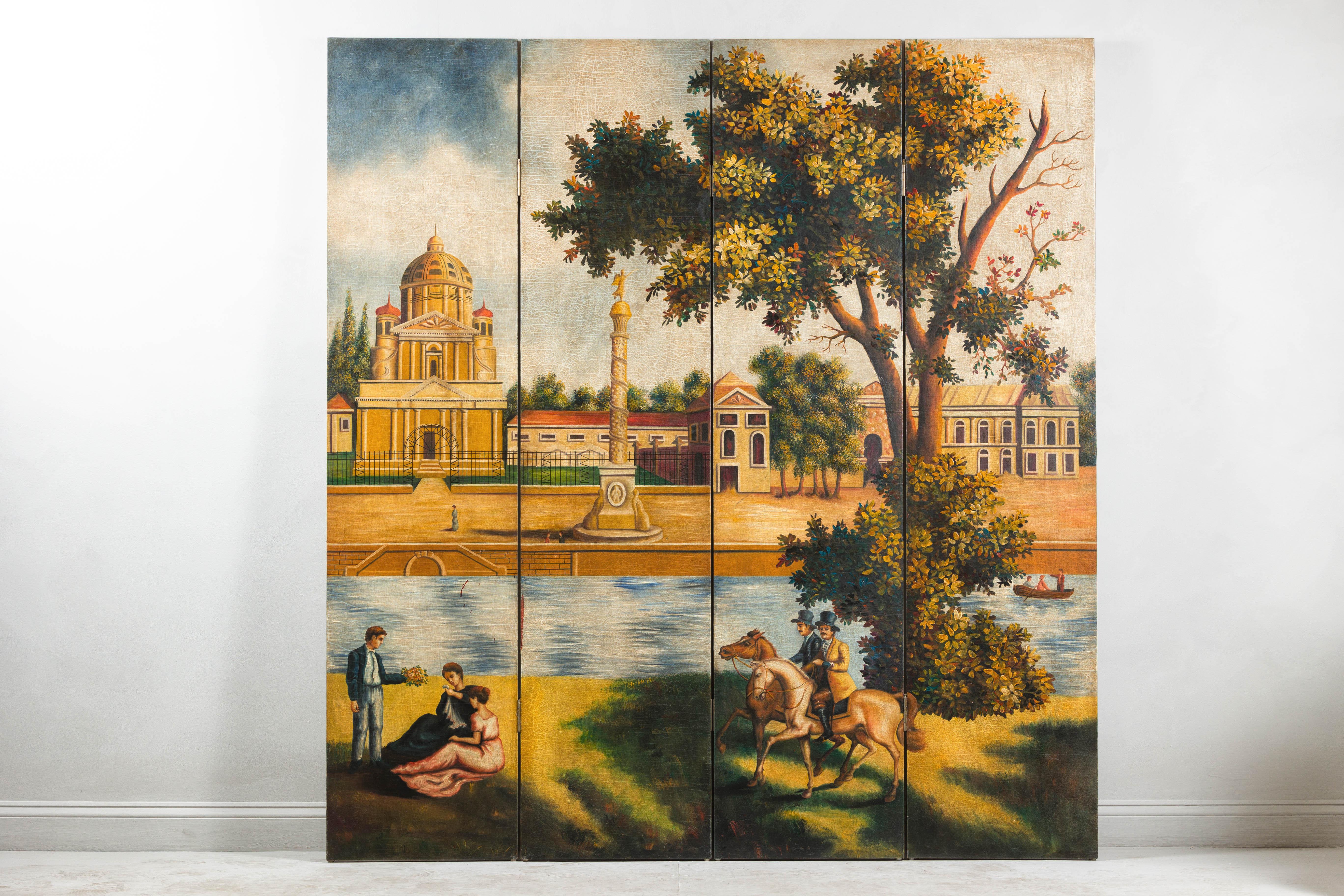 This four-panel folding screen showcases a romanticized European countryside scene, filled with architectural grandeur and pastoral charm. Each panel features intricate hand-painted details, including a classical domed building, a sculpted column