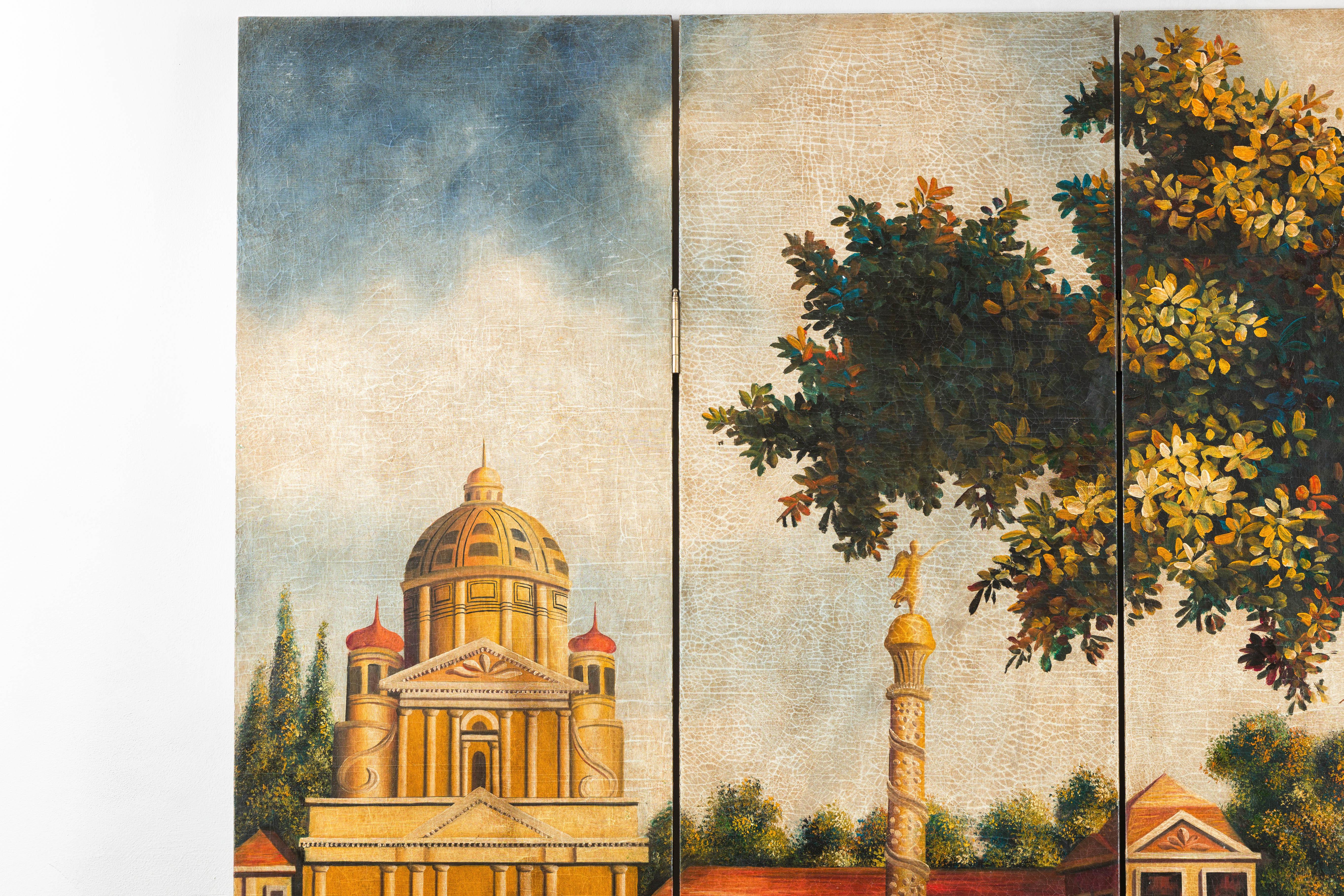 Chinese Hand-Painted Folding Screen  with Romantic European Countryside and Architecture For Sale