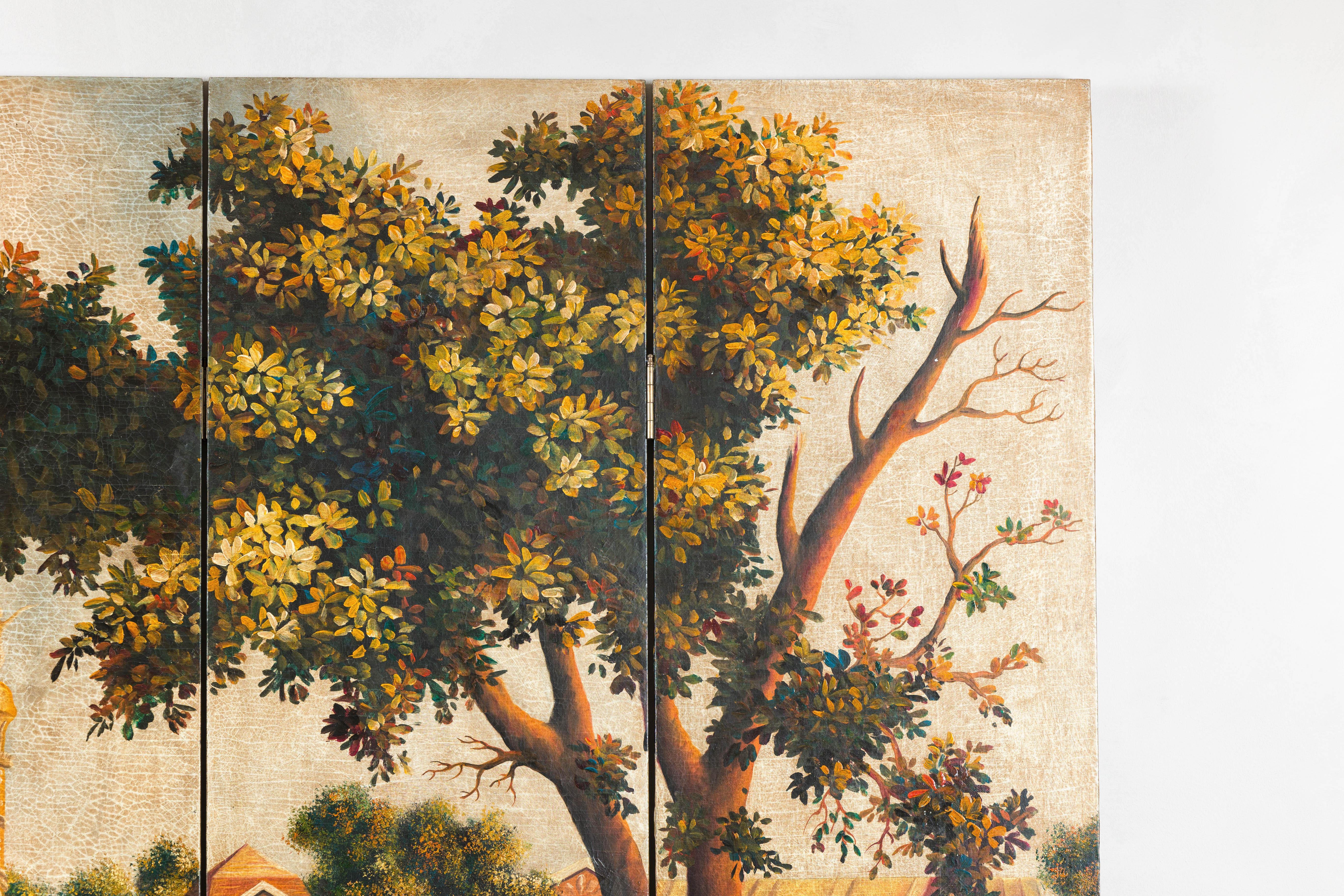 Hand-Painted Folding Screen  with Romantic European Countryside and Architecture In Good Condition For Sale In Yonkers, NY