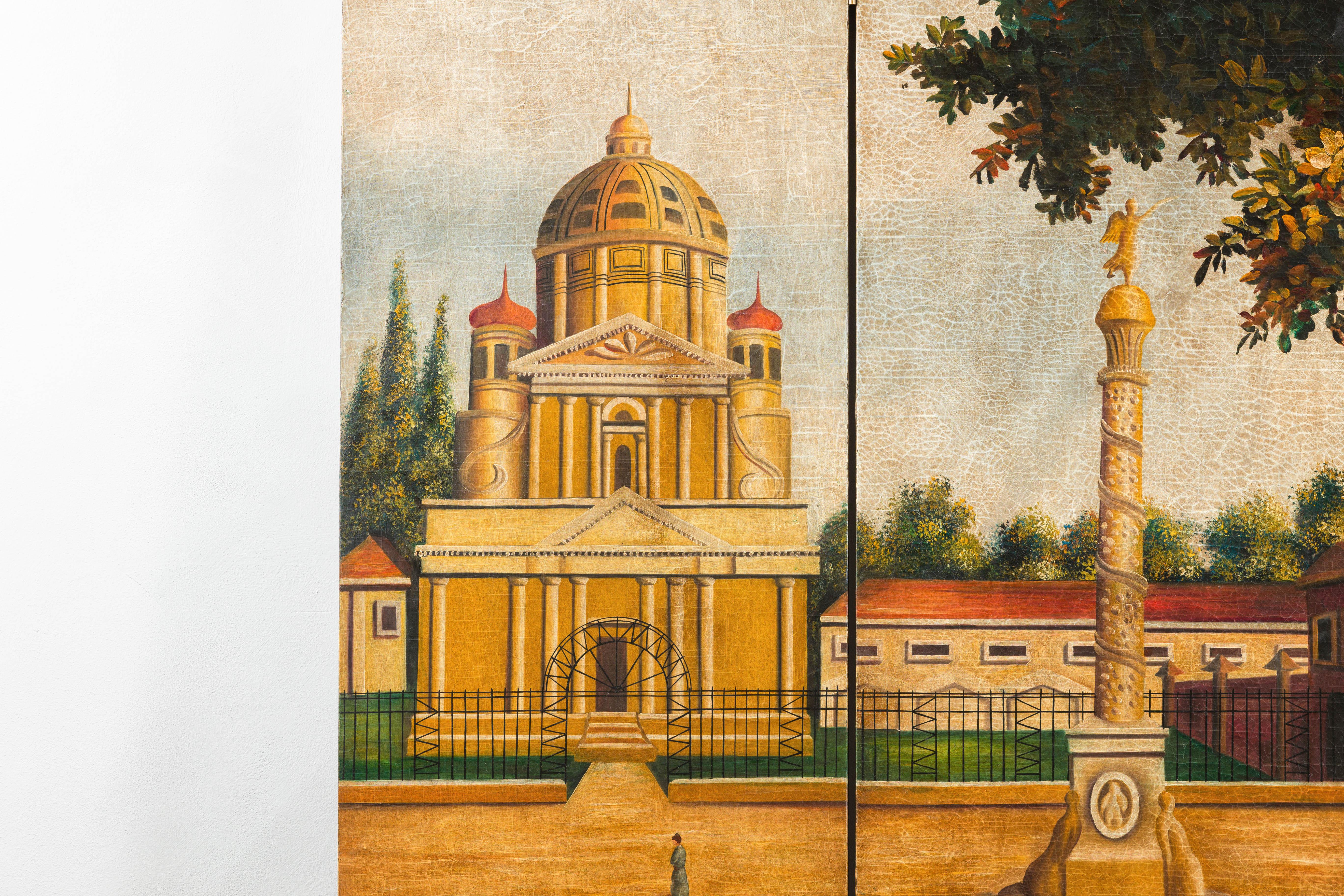 20th Century Hand-Painted Folding Screen  with Romantic European Countryside and Architecture For Sale