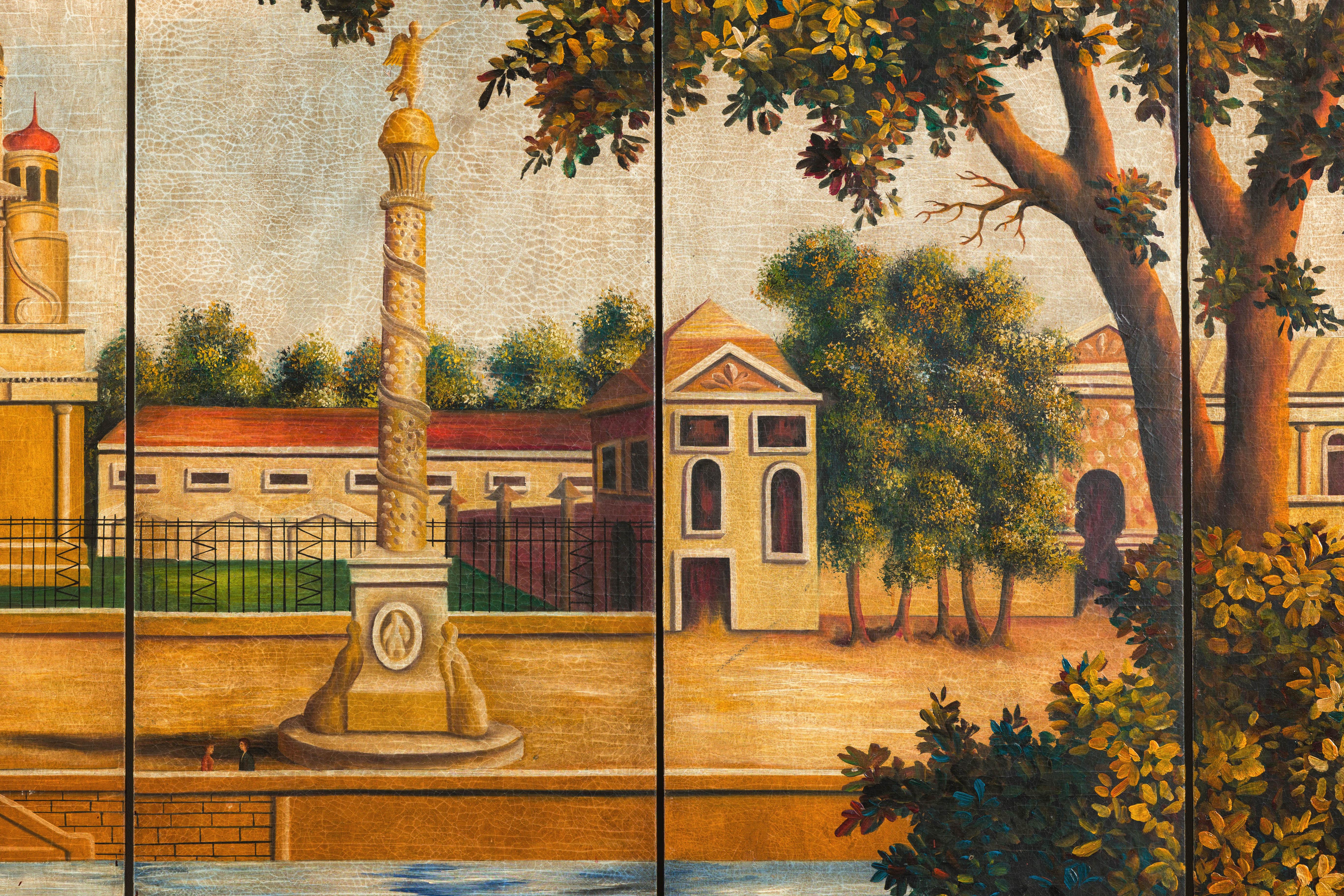 Canvas Hand-Painted Folding Screen  with Romantic European Countryside and Architecture For Sale