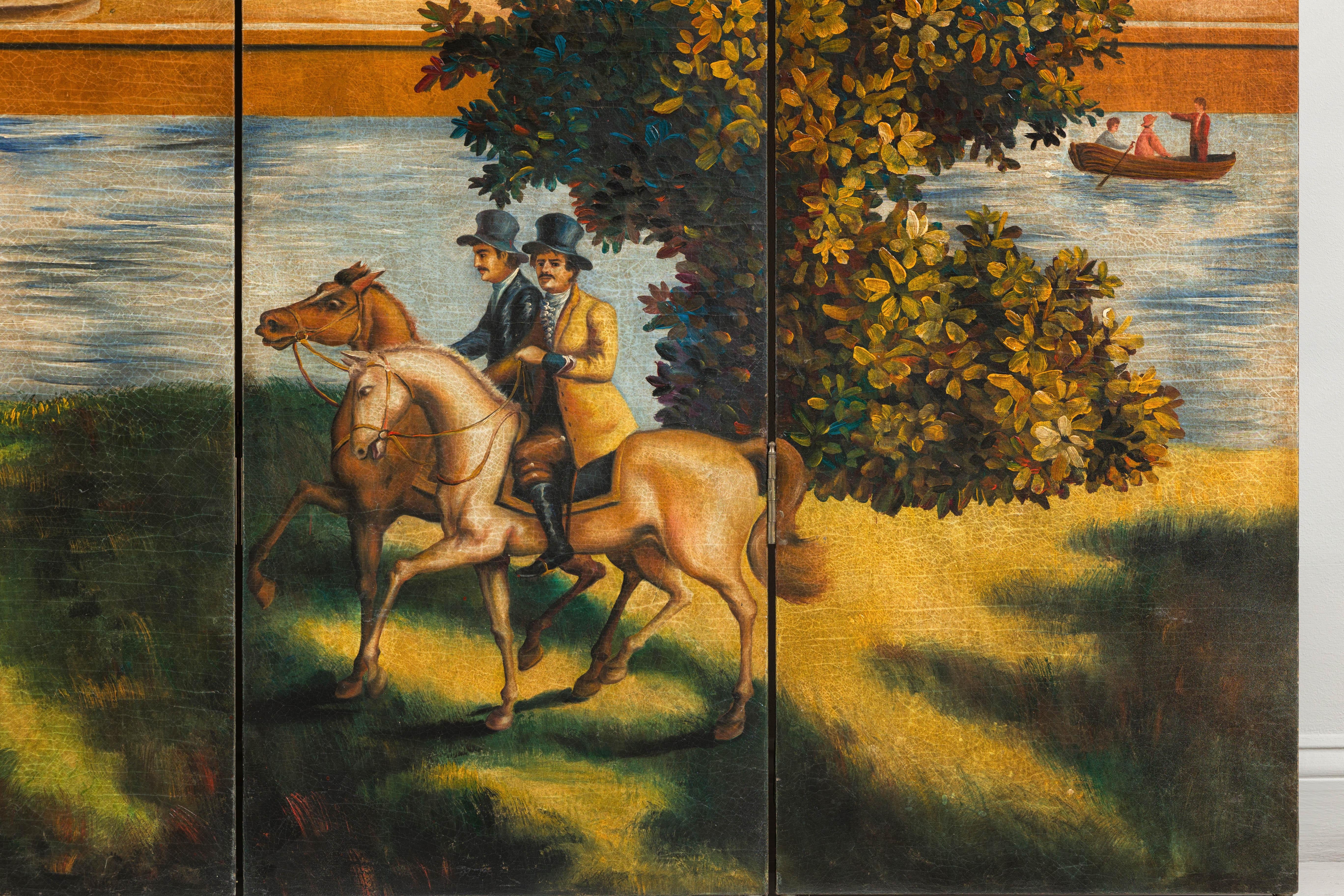 Hand-Painted Folding Screen  with Romantic European Countryside and Architecture For Sale 2