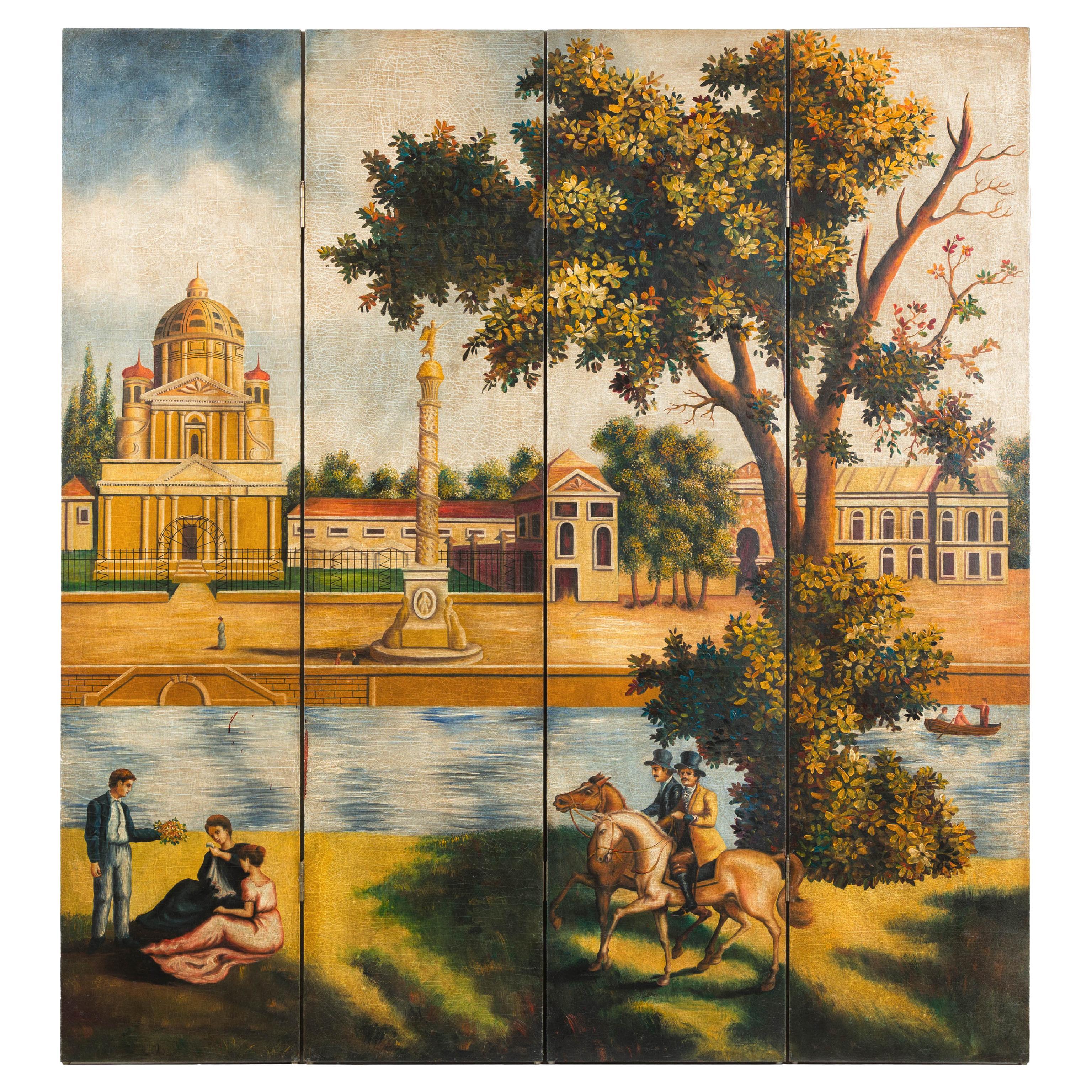 Hand-Painted Folding Screen  with Romantic European Countryside and Architecture