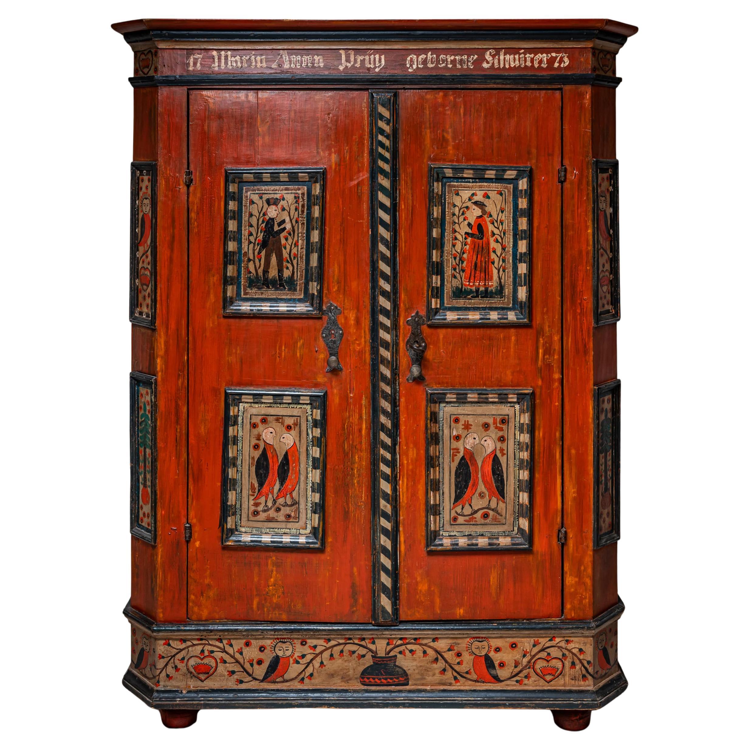 Hand-Painted Folk Armoire in Red, Franconia, Dated 1773